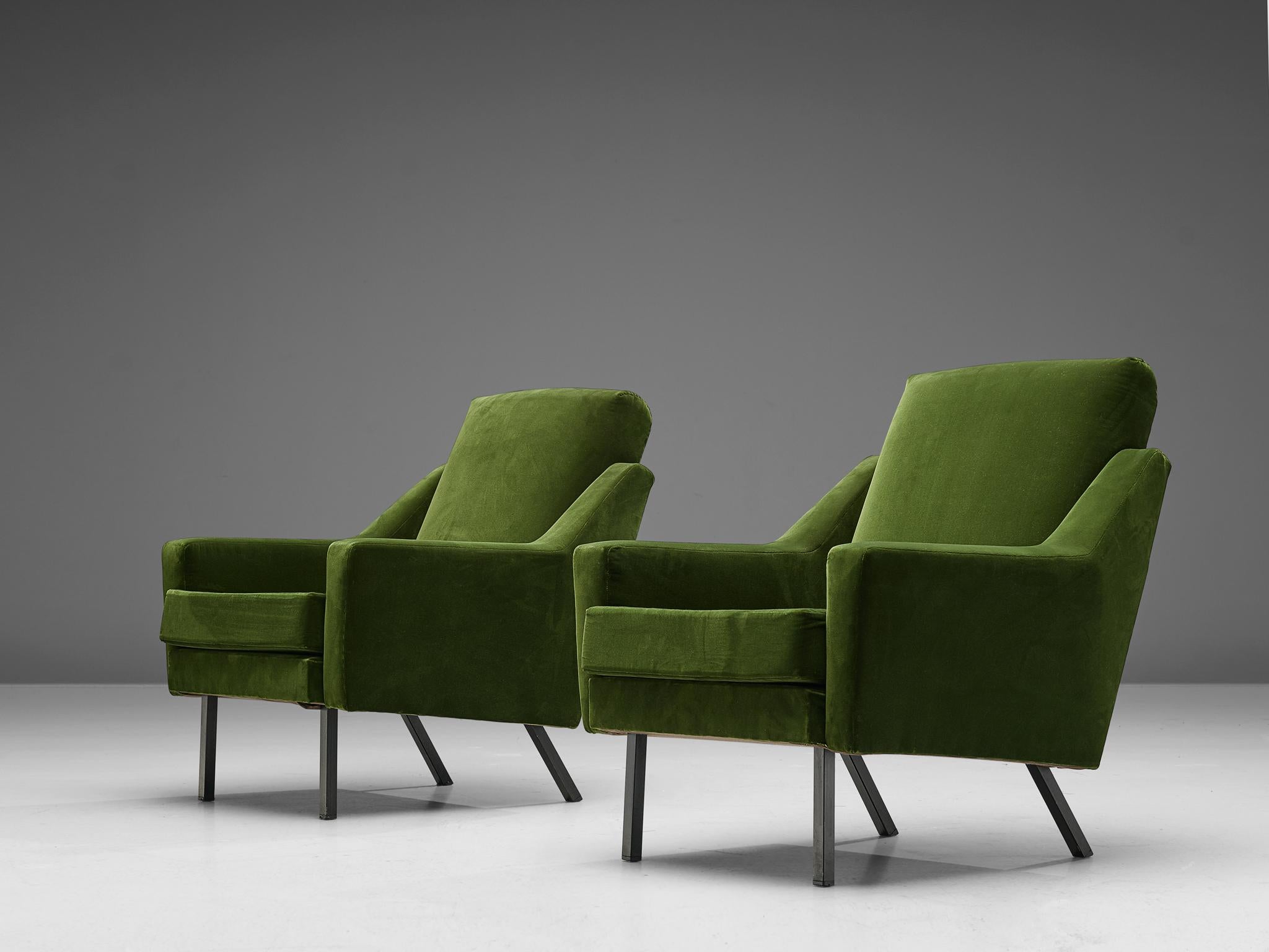 Mid-Century Modern Pair of Armchairs in Green Velvet Upholstery