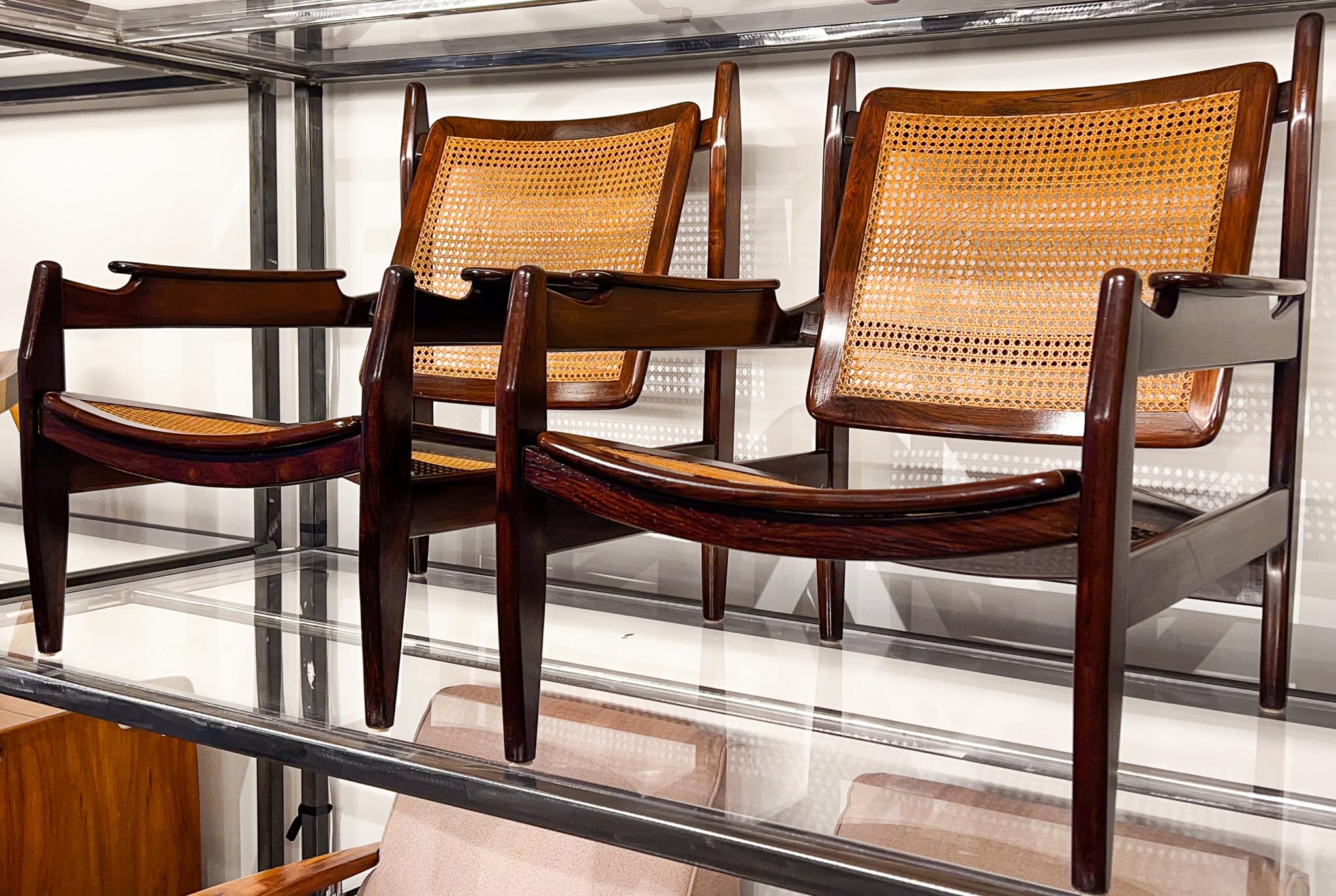 Brazilian Pair of Armchairs in Hardwood and Cane by Alexandre Rapoport, c. 1960s