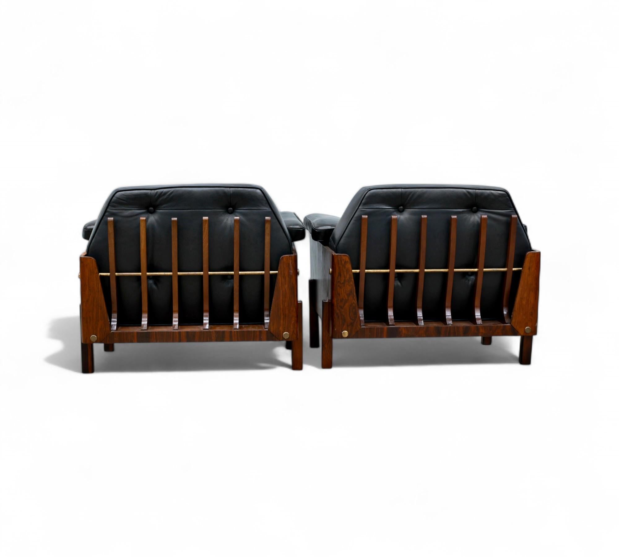 Woodwork Pair of Armchairs in Hardwood & Black Leather, Bertomeu, 1960s - Lot 684A For Sale