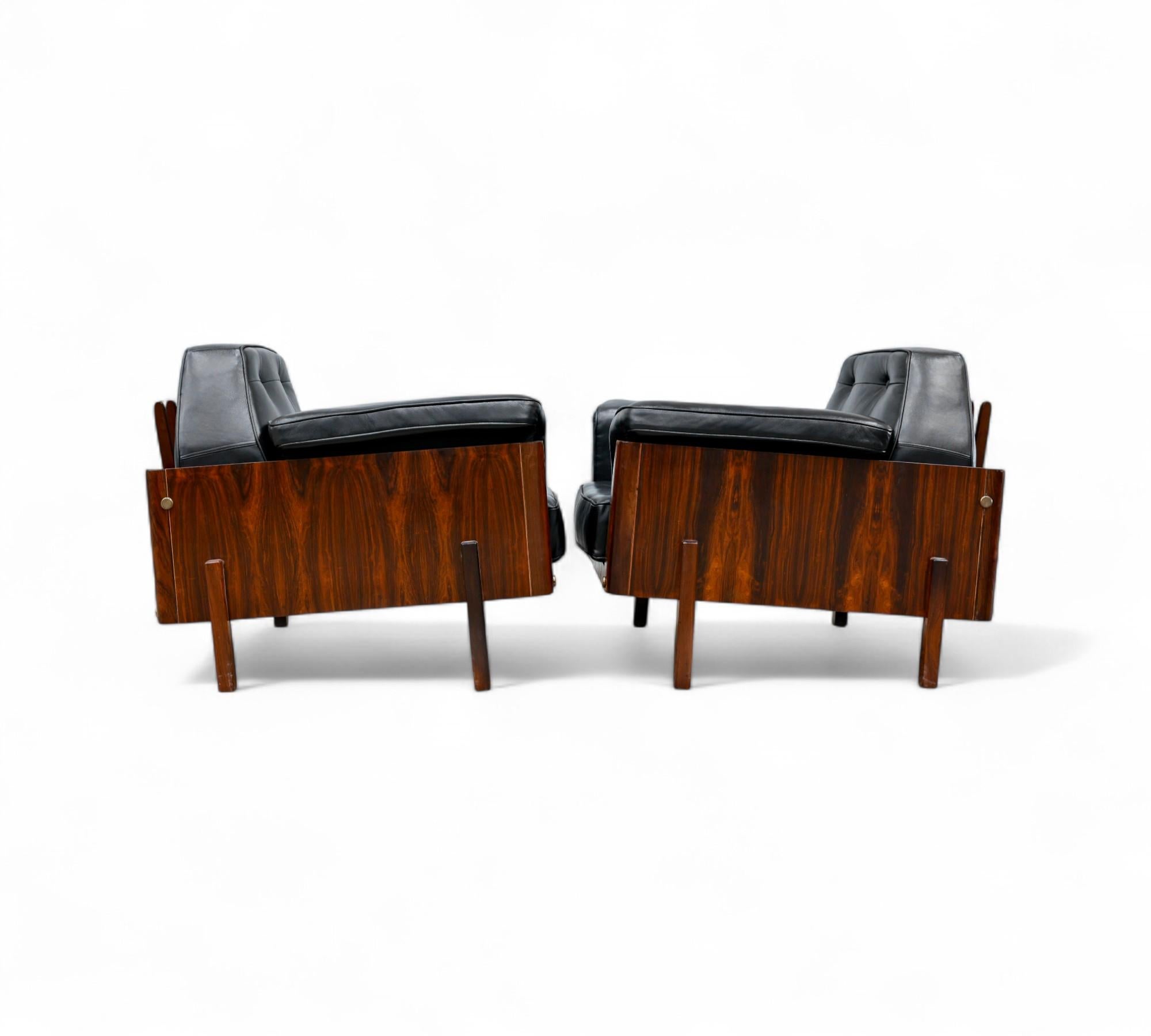 Pair of Armchairs in Hardwood & Black Leather, Bertomeu, 1960s - Lot 684A In Good Condition For Sale In New York, NY