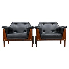 Pair of Armchairs in Hardwood & Black Leather, Bertomeu, 1960s - Lot 684A