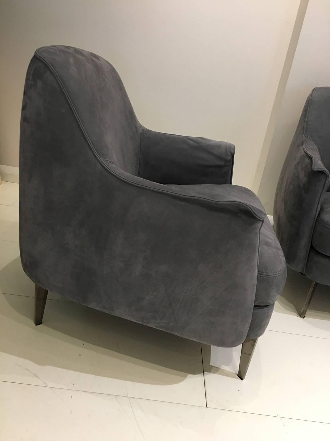 Italian Pair of Armchairs in Light Grey Nubuk Leather with Black Chrome Legs by Cierre