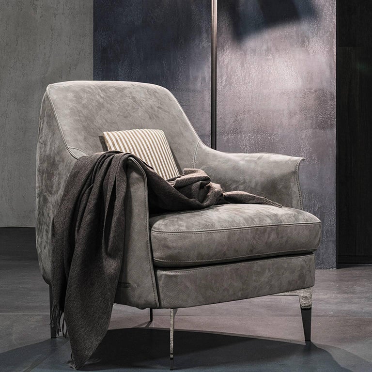 Pair of Armchairs in Light Grey Nubuk Leather with Black Chrome Legs by