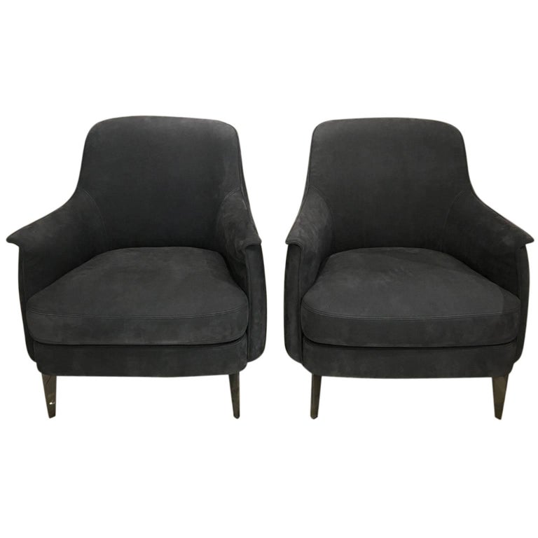 Pair of Armchairs in Light Grey Nubuk Leather with Black Chrome Legs by