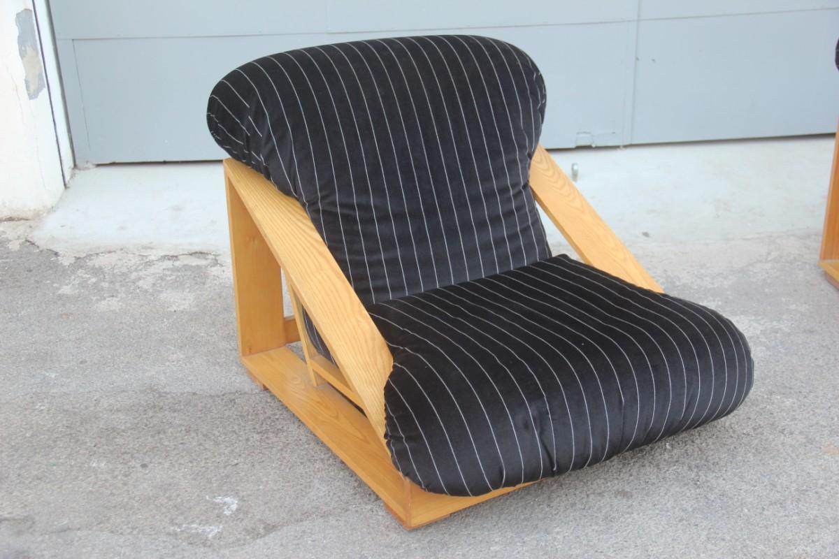Mid-Century Modern Pair of Armchairs in Low Ash Black Velvet Striped Italian Design 1960s Minimal