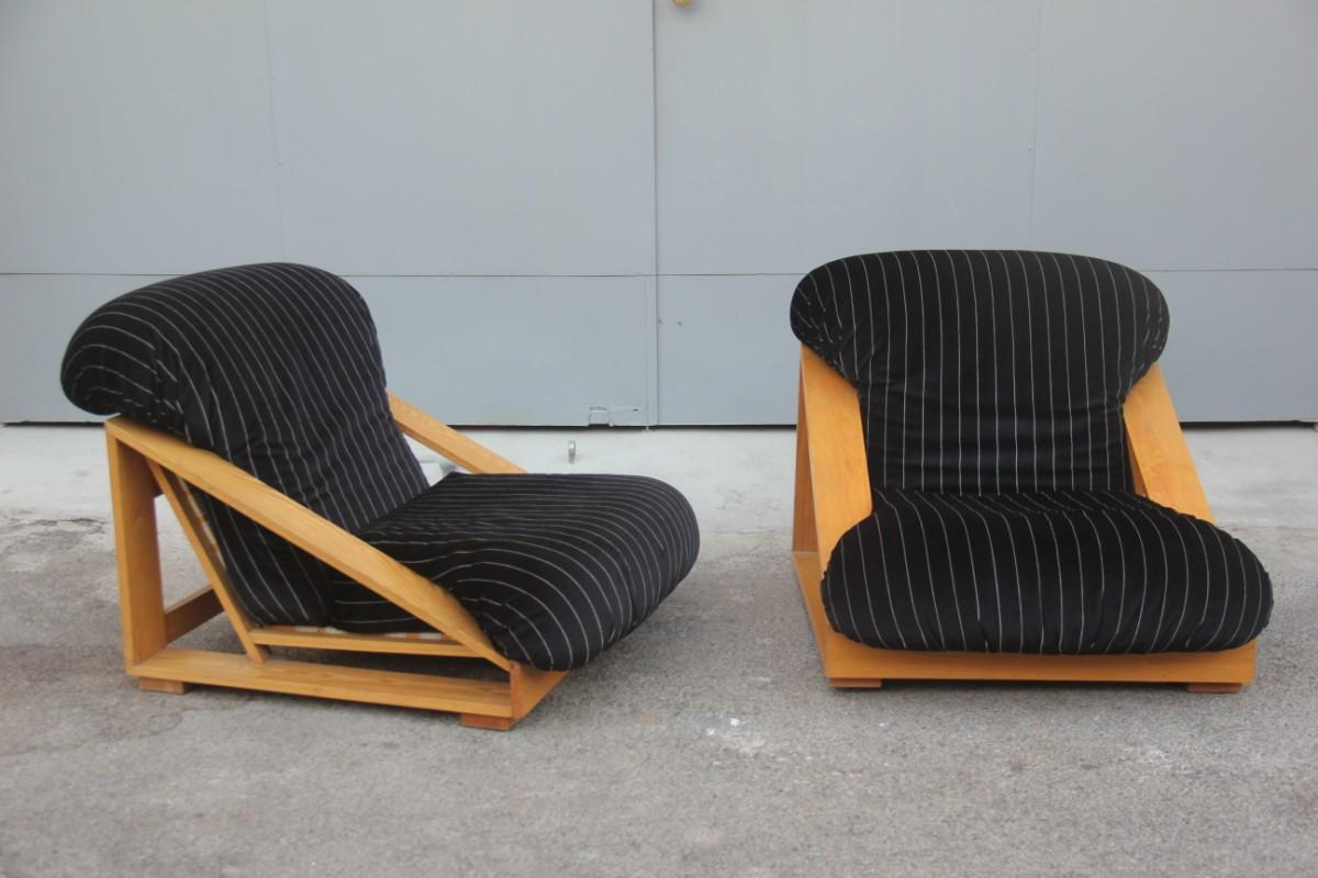 European Pair of Armchairs in Low Ash Black Velvet Striped Italian Design 1960s Minimal