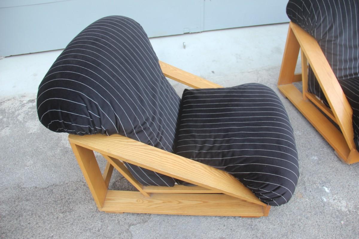 Pair of Armchairs in Low Ash Black Velvet Striped Italian Design 1960s Minimal In Good Condition In Palermo, Sicily