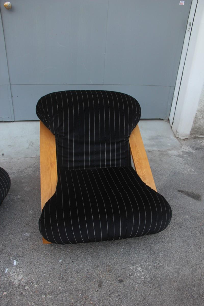 Mid-20th Century Pair of Armchairs in Low Ash Black Velvet Striped Italian Design 1960s Minimal
