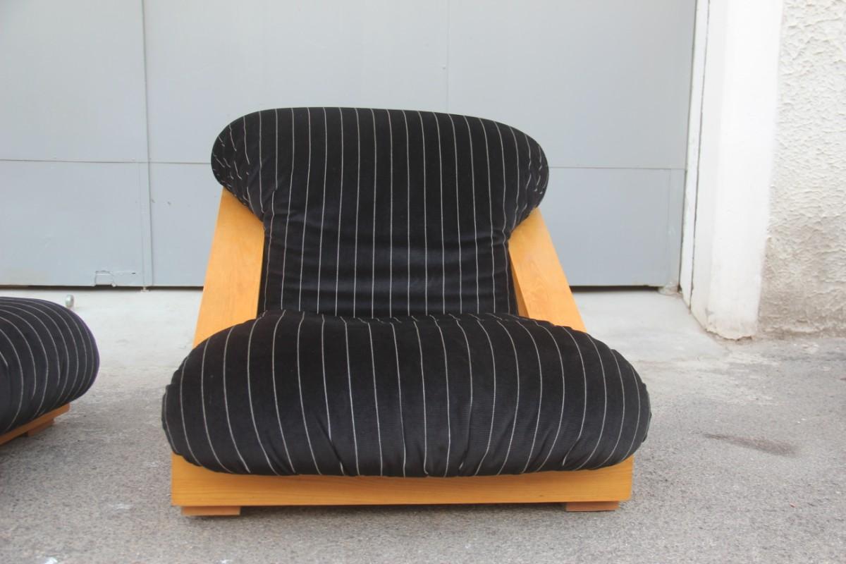 Pair of Armchairs in Low Ash Black Velvet Striped Italian Design 1960s Minimal 1