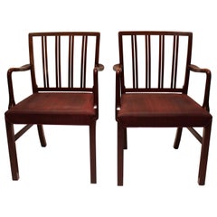 Pair of Armchairs in Mahogany and Red Fabric by Fritz Hansen, 1930s