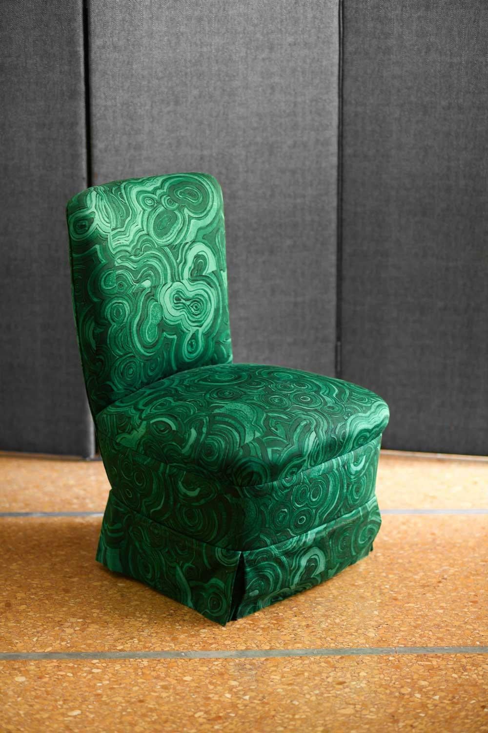 Pair of Armchairs in Malachite green gemstone fabric by Tony Duquette
The design was originally hand painted and later printed on cotton fabric. 
Tony Duquette considered malachite a talisman and loved to apply its variegated pattern on furniture,