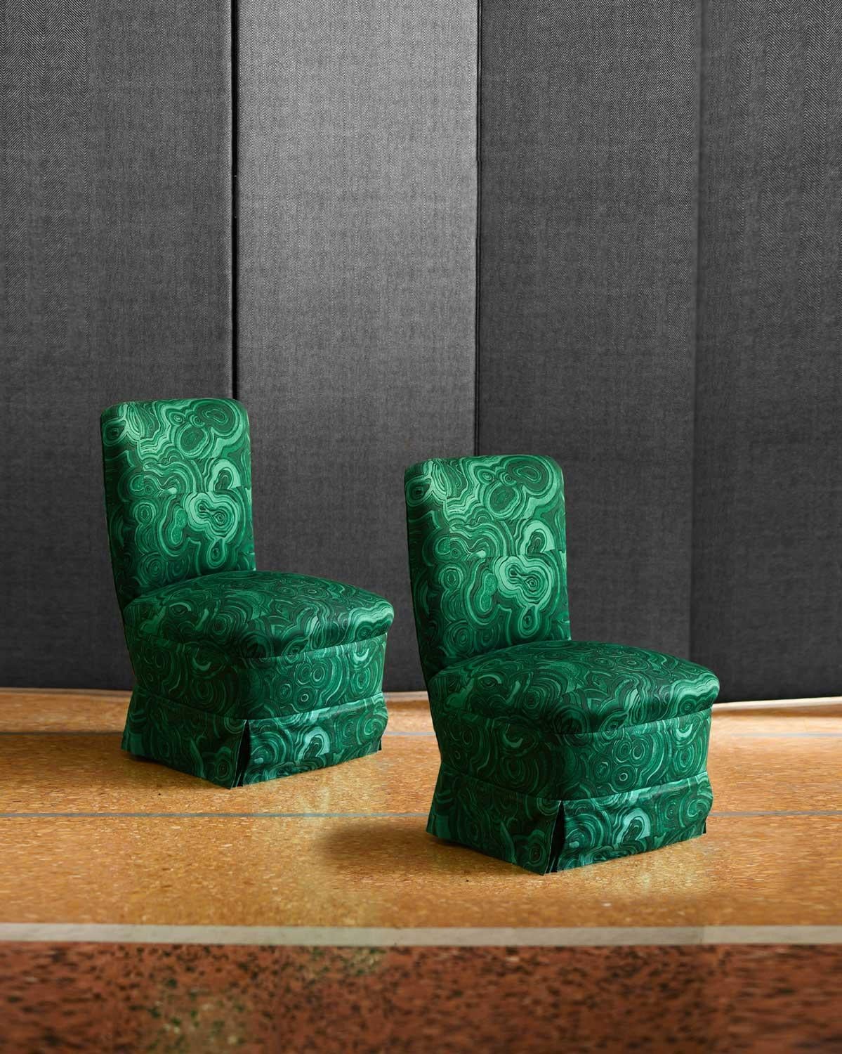 Pair of Armchairs in Malachite green gemstone fabric by Tony Duquette
The design was originally hand painted and later printed on cotton fabric. 
Tony Duquette considered malachite a talisman and loved to apply its variegated pattern on furniture,