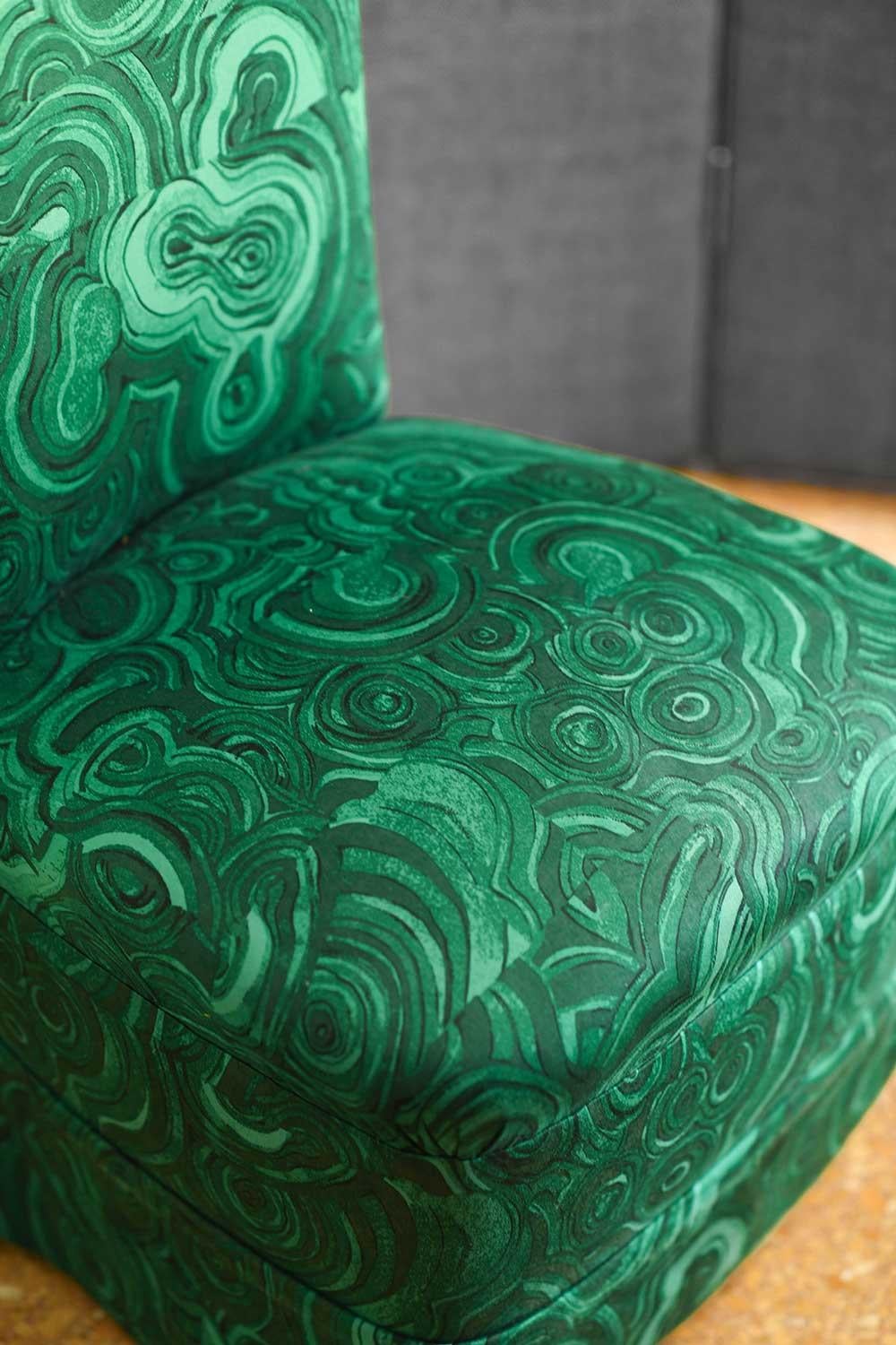 European Pair of Armchairs in Malachite green gemstone fabric by Tony Duquette