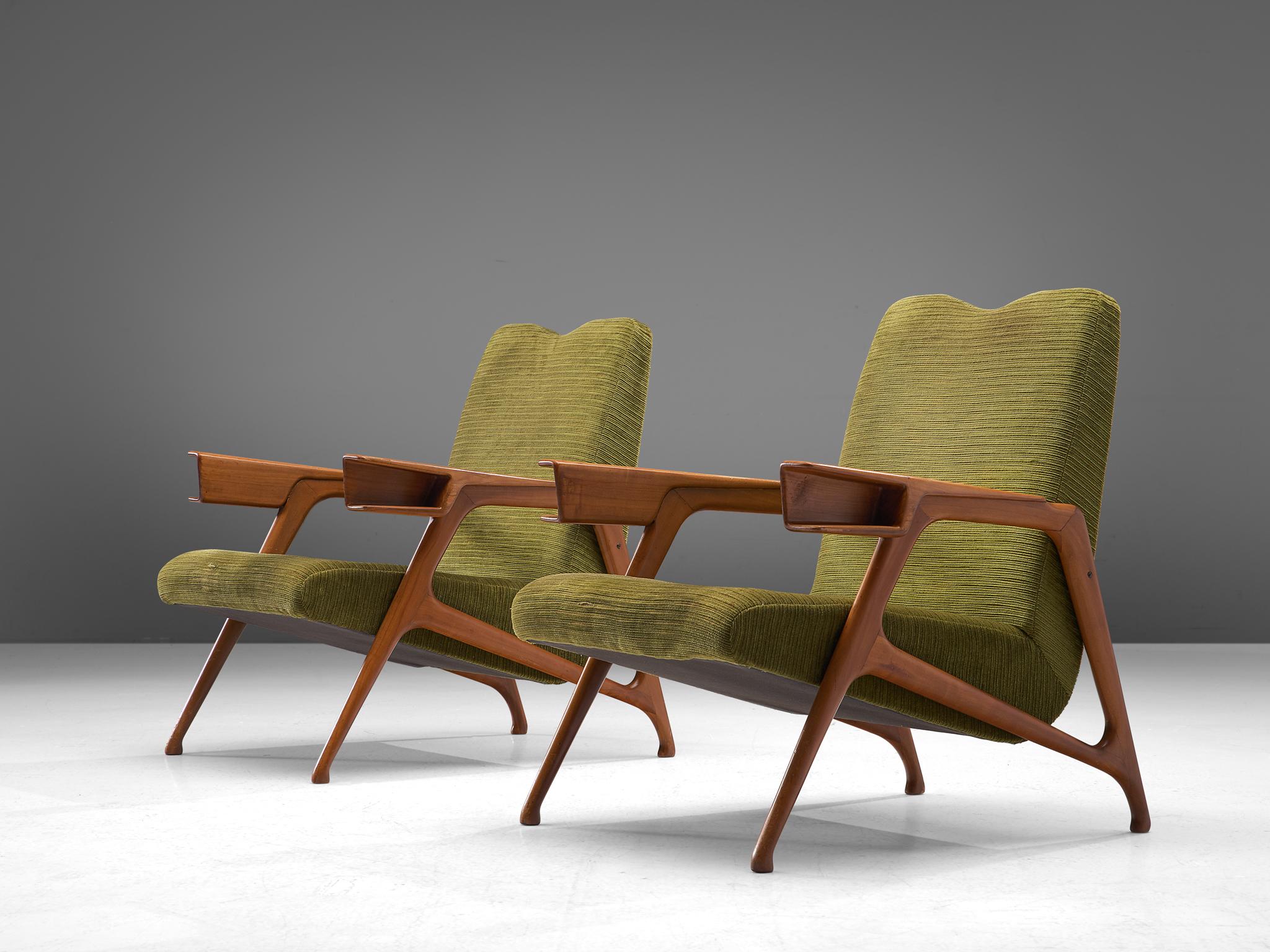 Italian Pair of  Augusto Romano Armchairs in Moss Green Upholstery