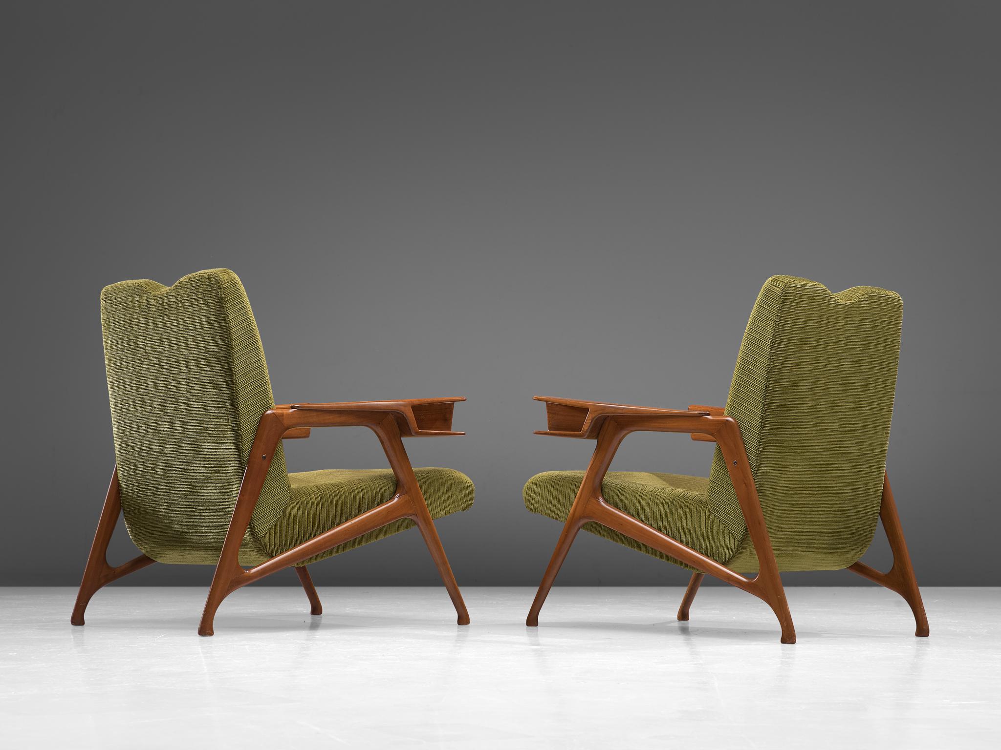 Pair of  Augusto Romano Armchairs in Moss Green Upholstery In Distressed Condition In Waalwijk, NL