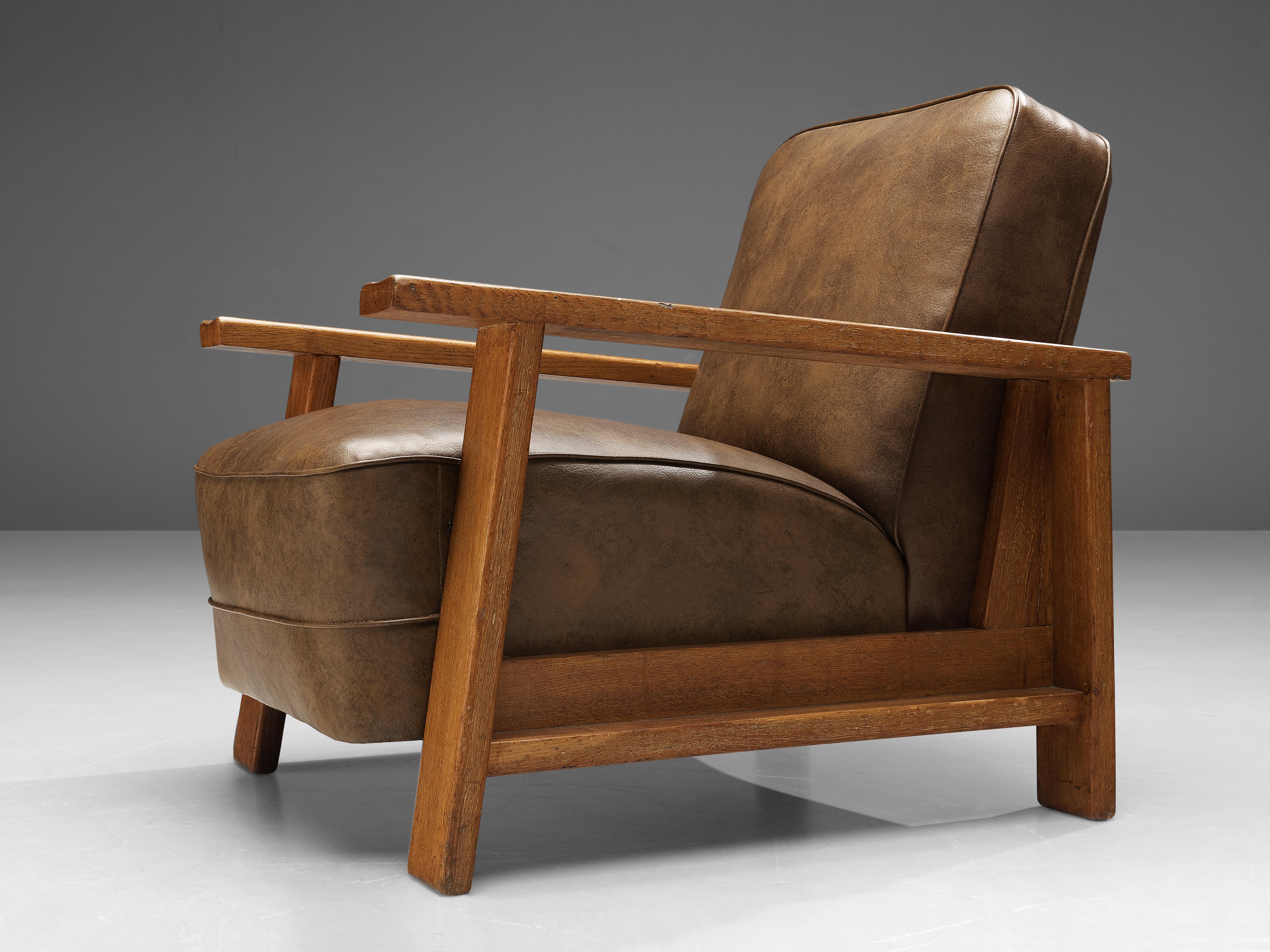 Mid-Century Modern Pair of Armchairs in Oak and Leatherette