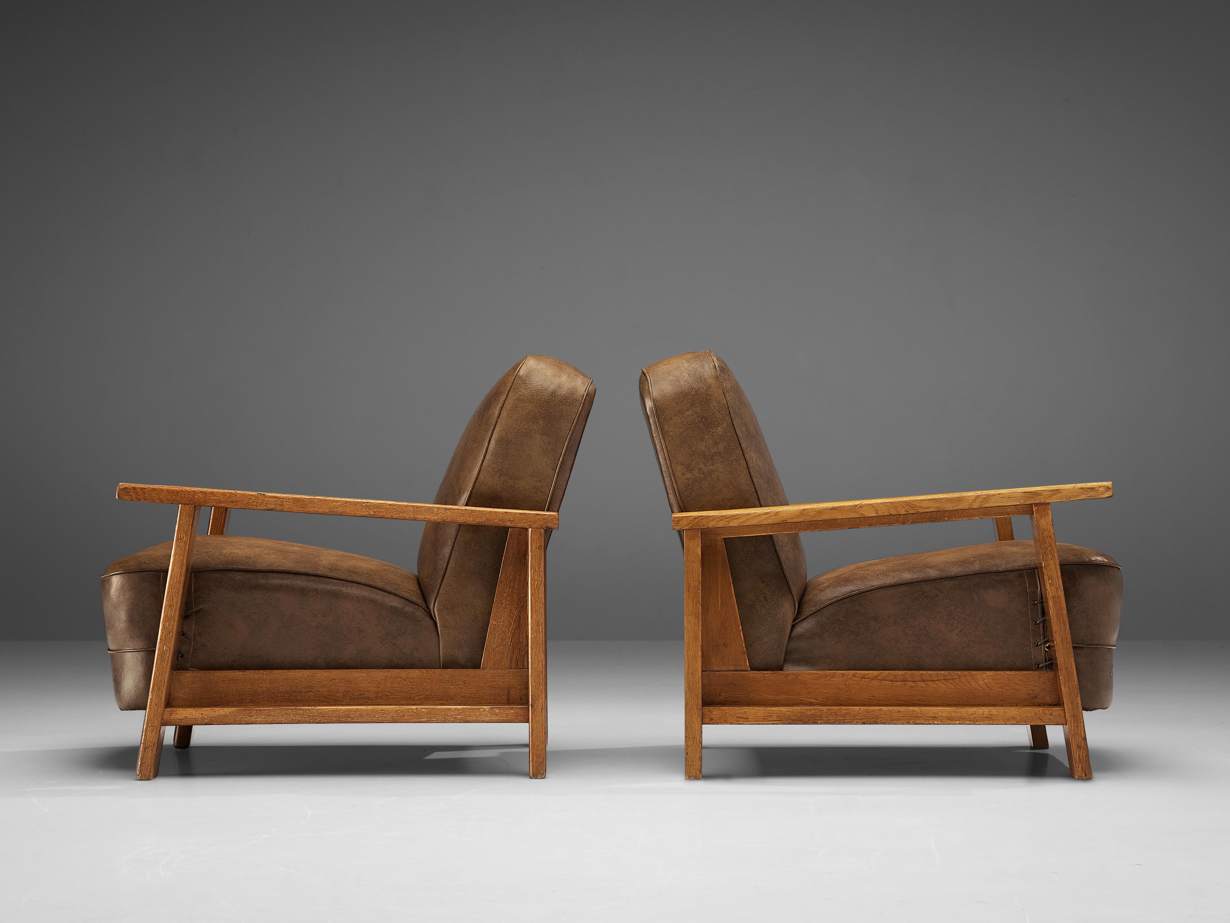 Belgian Pair of Armchairs in Oak and Leatherette