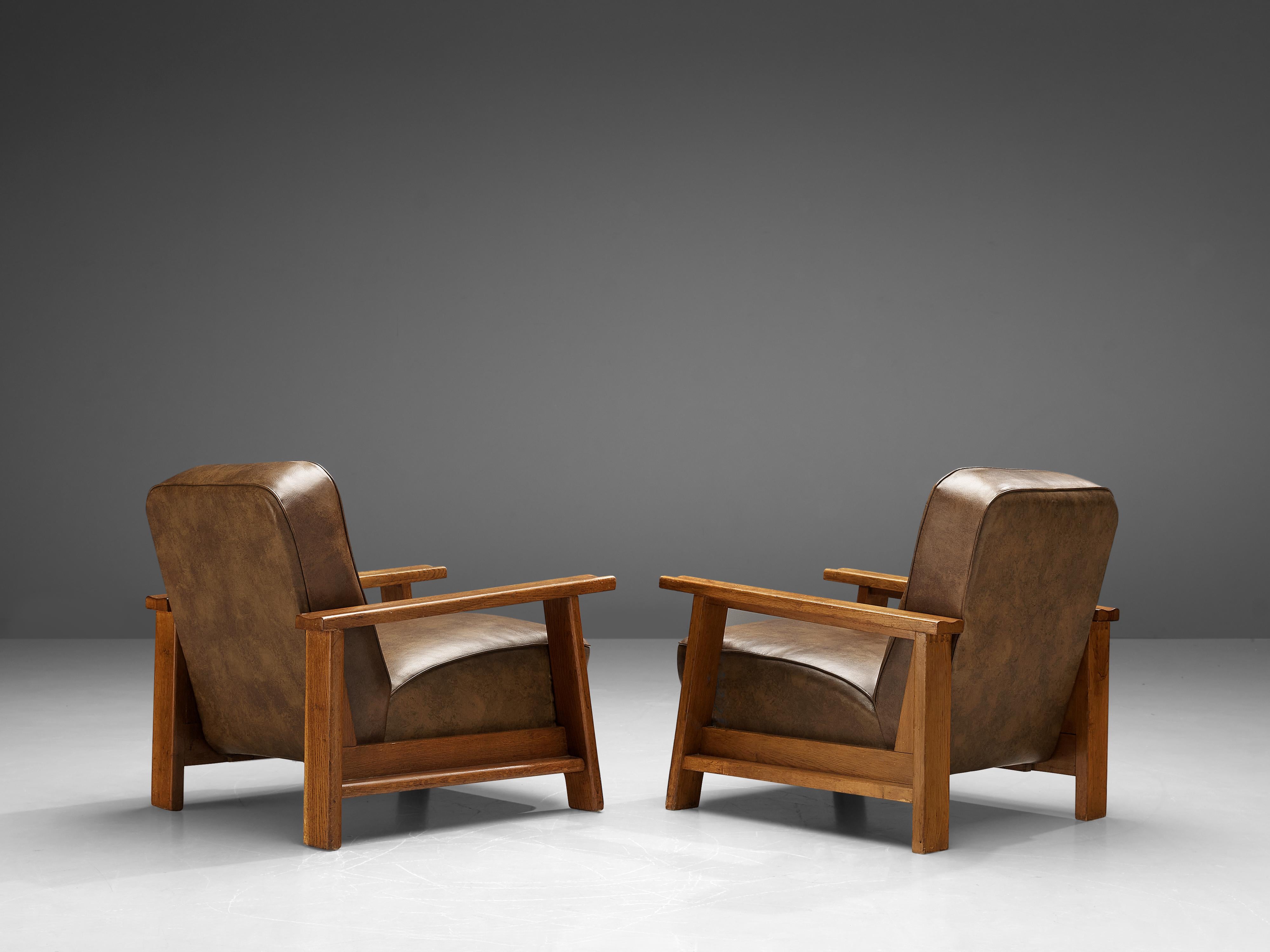 Mid-20th Century Pair of Armchairs in Oak and Leatherette