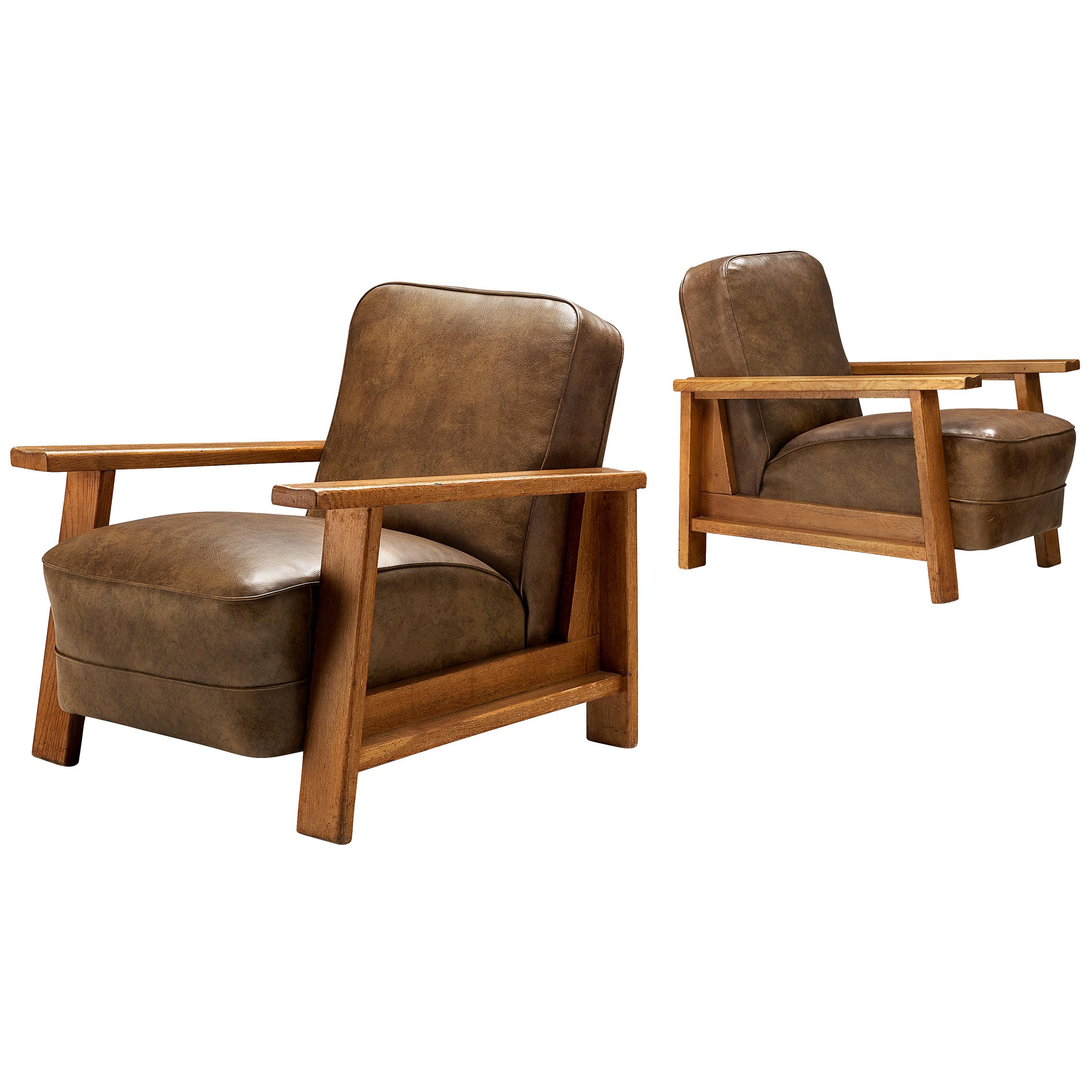 Pair of Armchairs in Oak and Leatherette