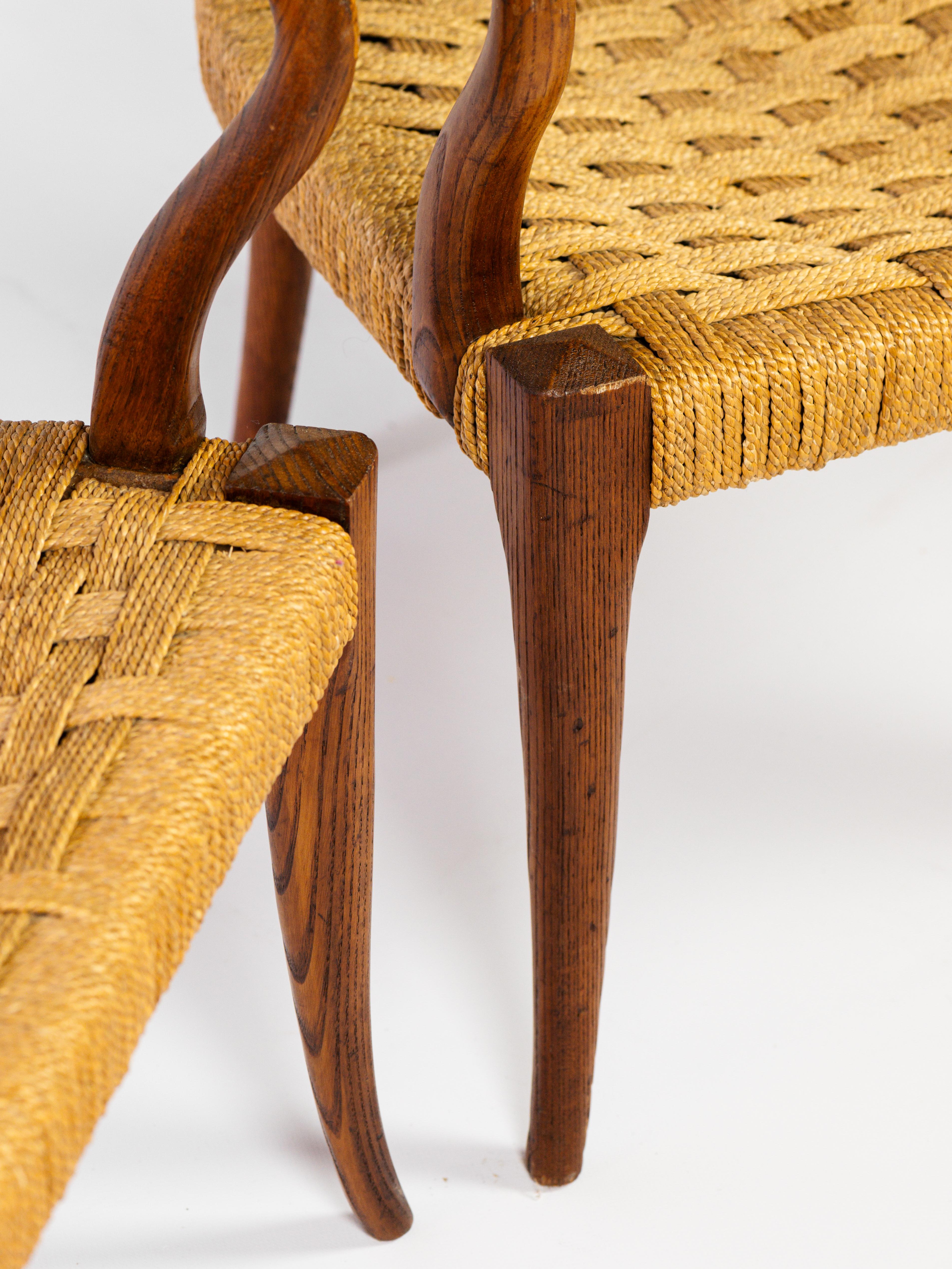 Pair of armchairs in oak and rope, french work circa 1950 For Sale 3