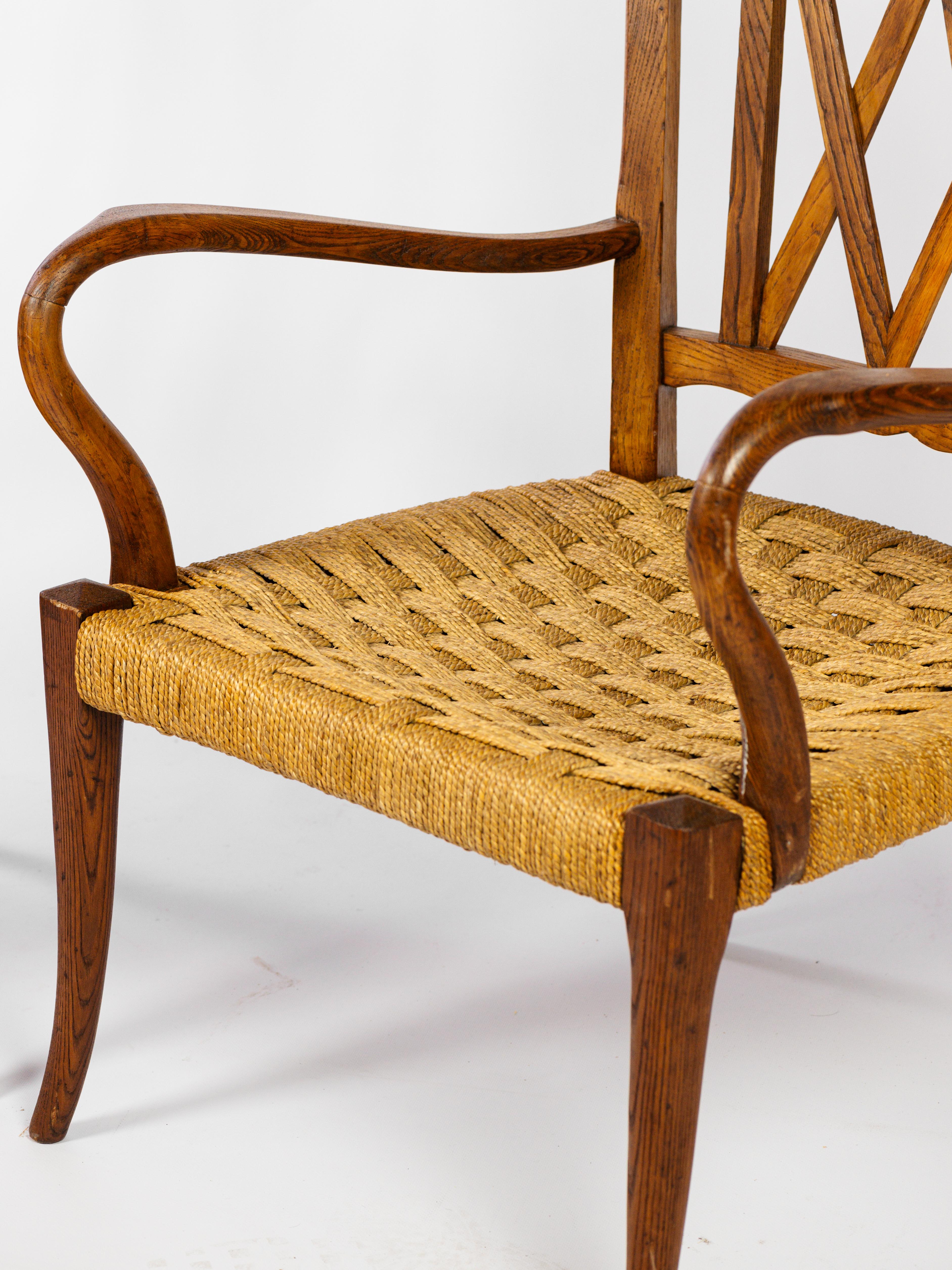 Mid-Century Modern Pair of armchairs in oak and rope, french work circa 1950 For Sale