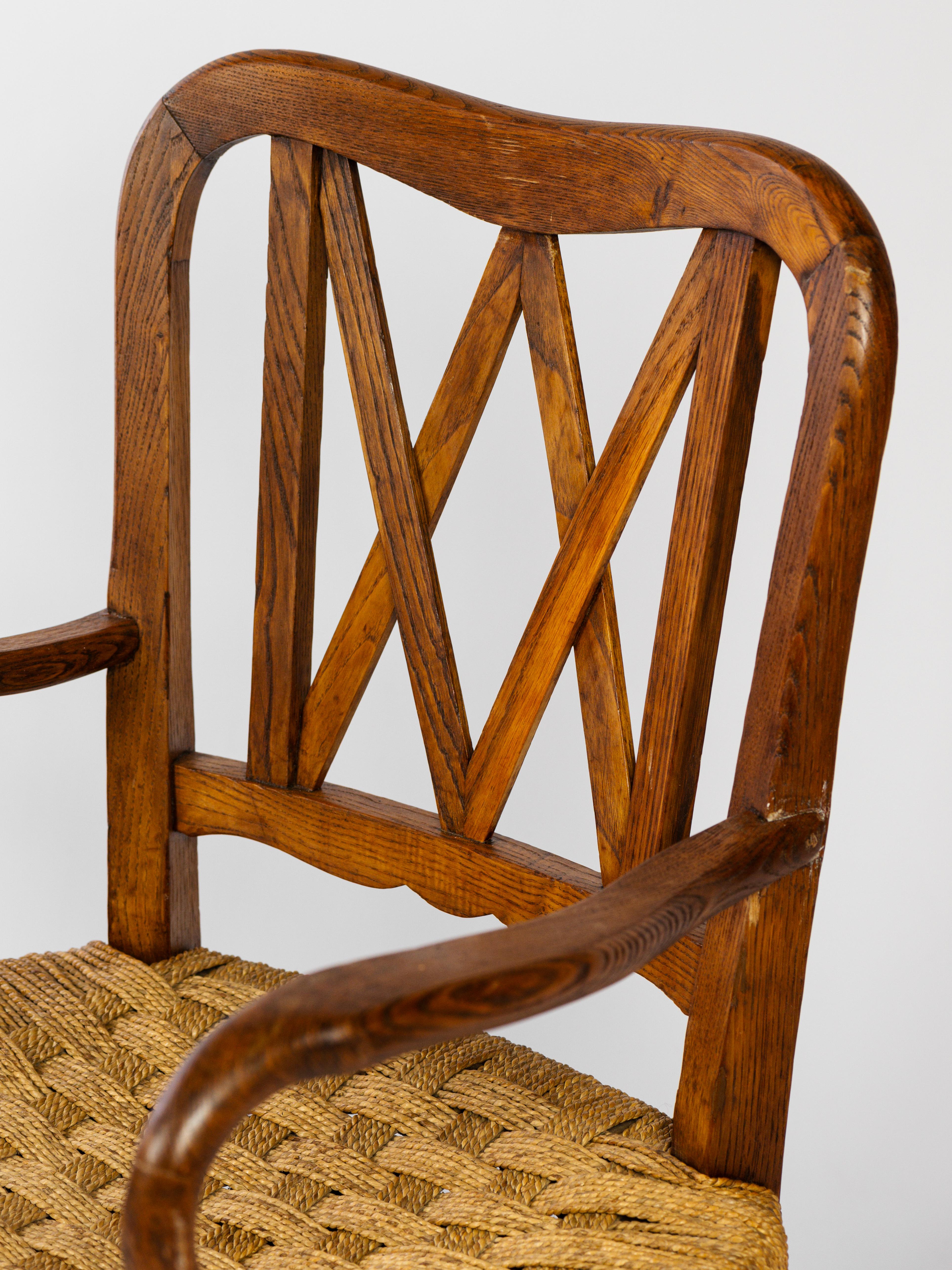 French Pair of armchairs in oak and rope, french work circa 1950 For Sale