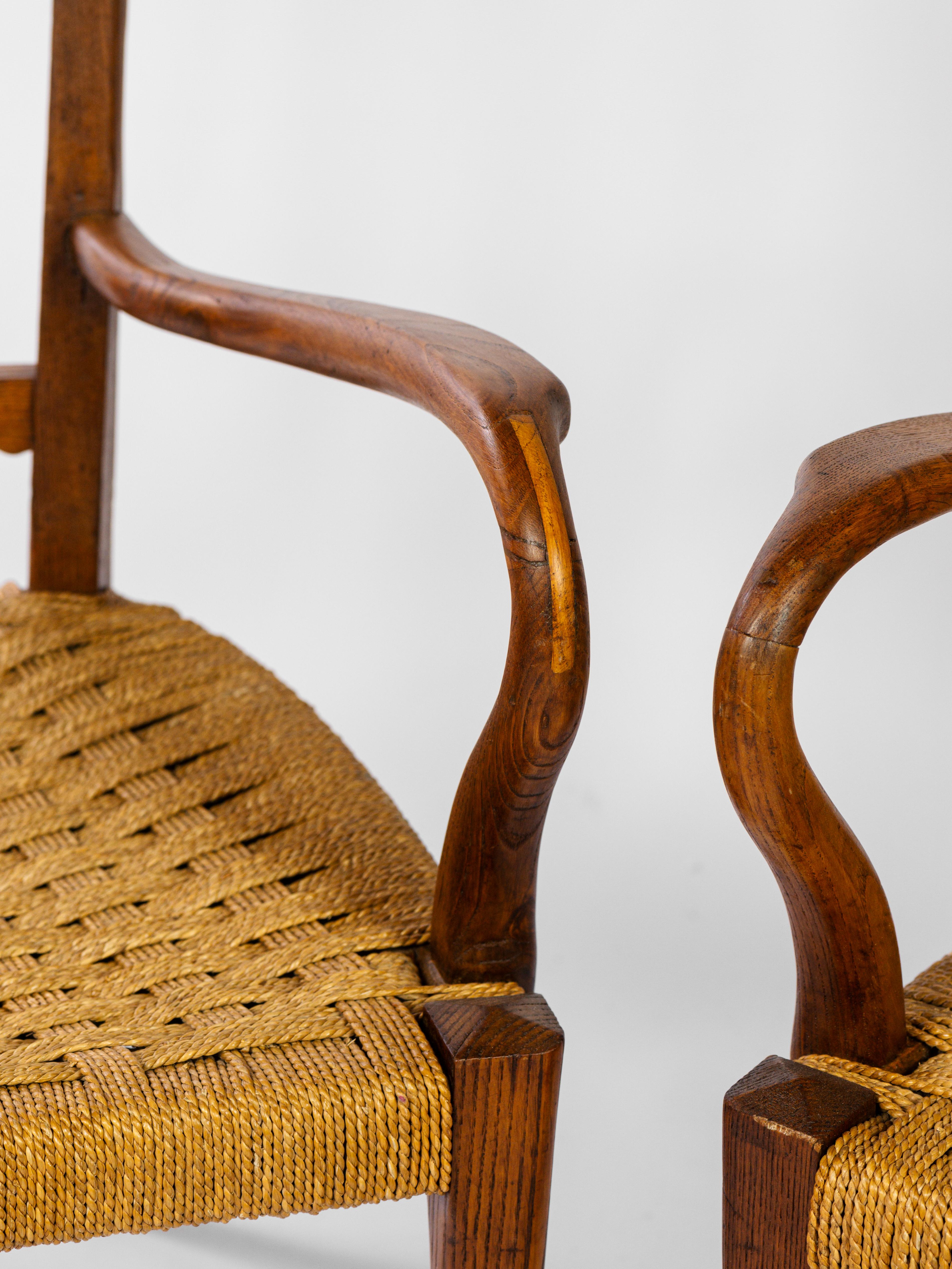 Pair of armchairs in oak and rope, french work circa 1950 In Excellent Condition For Sale In Monaco, MC