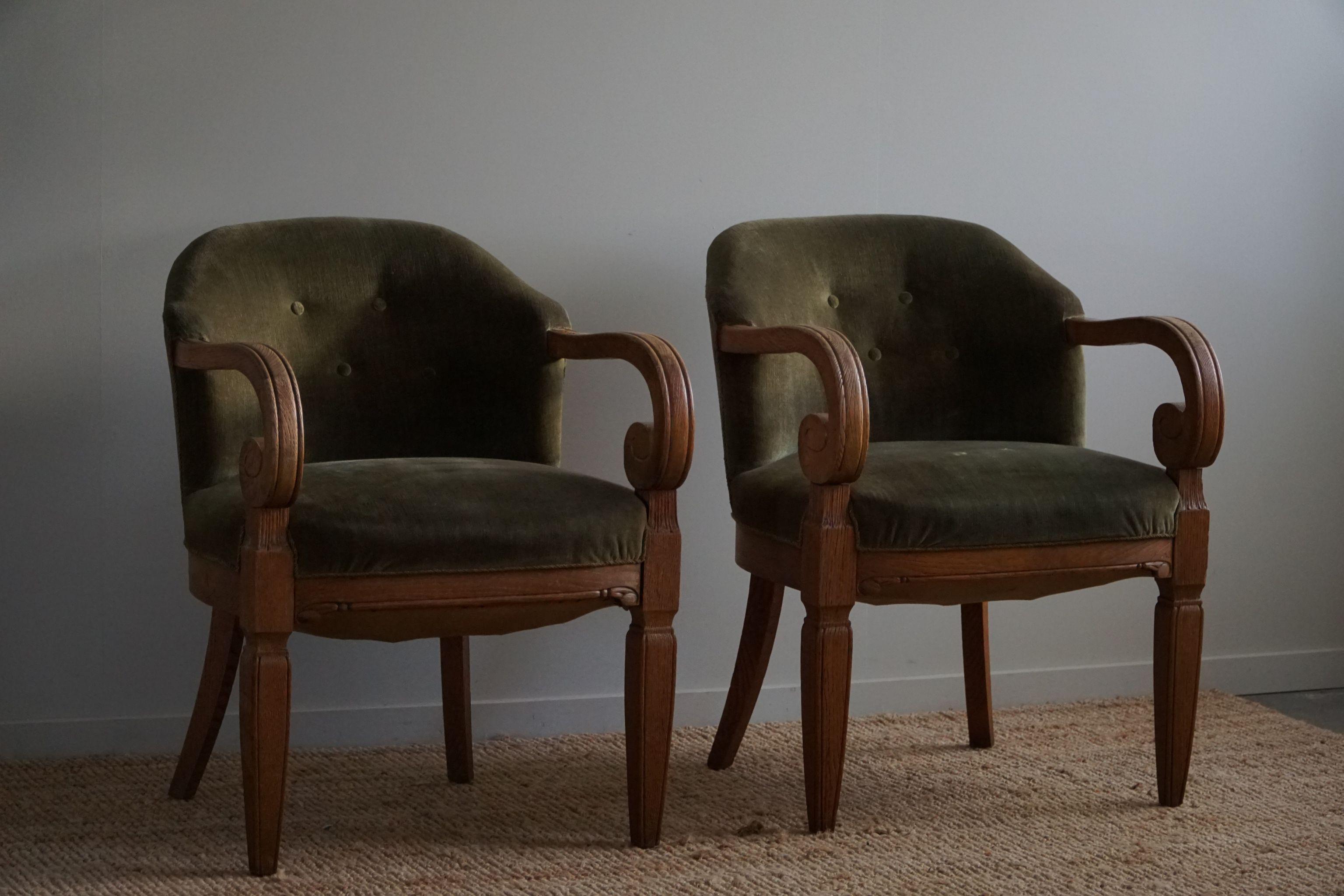 Pair of Armchairs in Oak & Green Velvet, Danish 