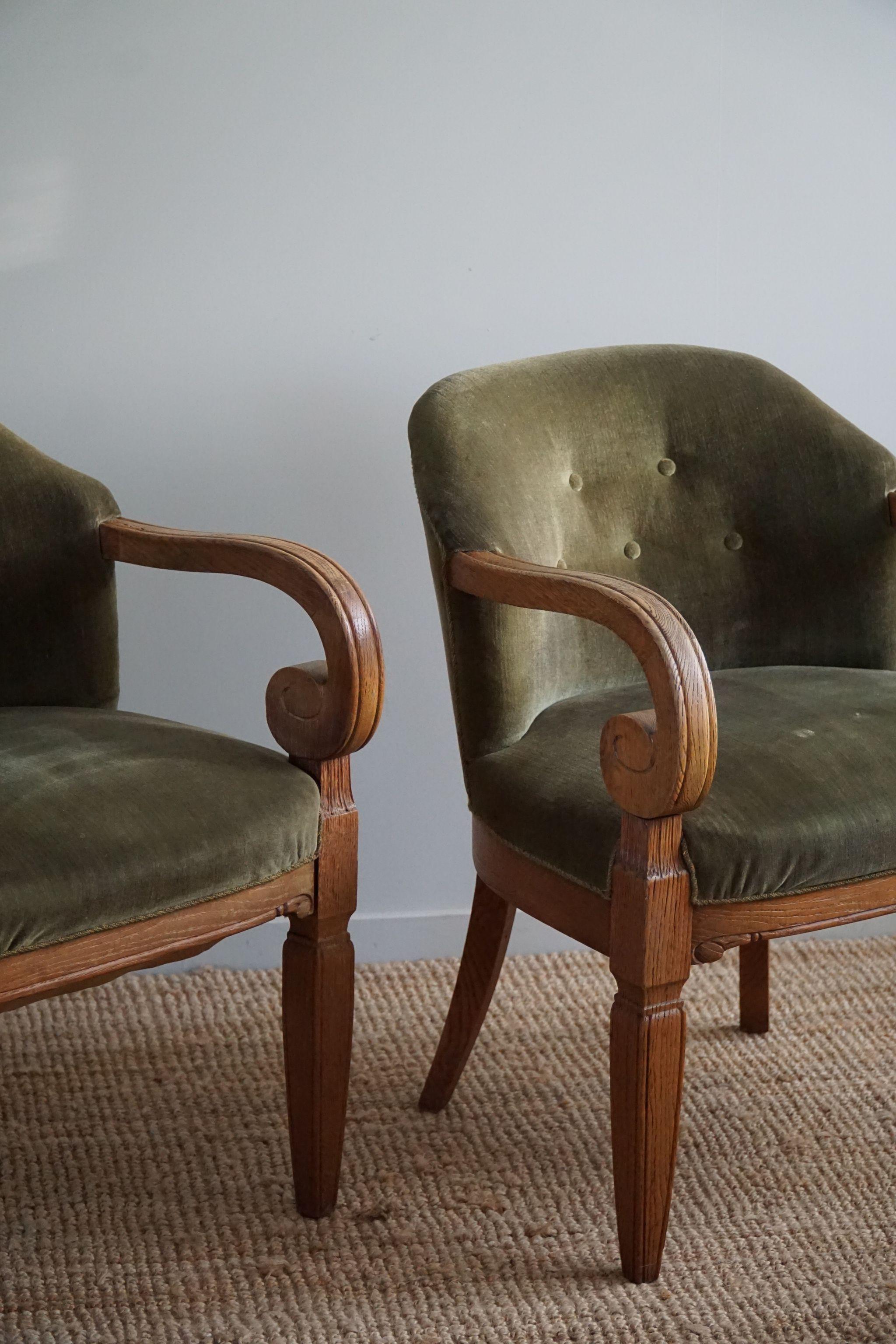 Pair of Armchairs in Oak & Green Velvet, Danish 
