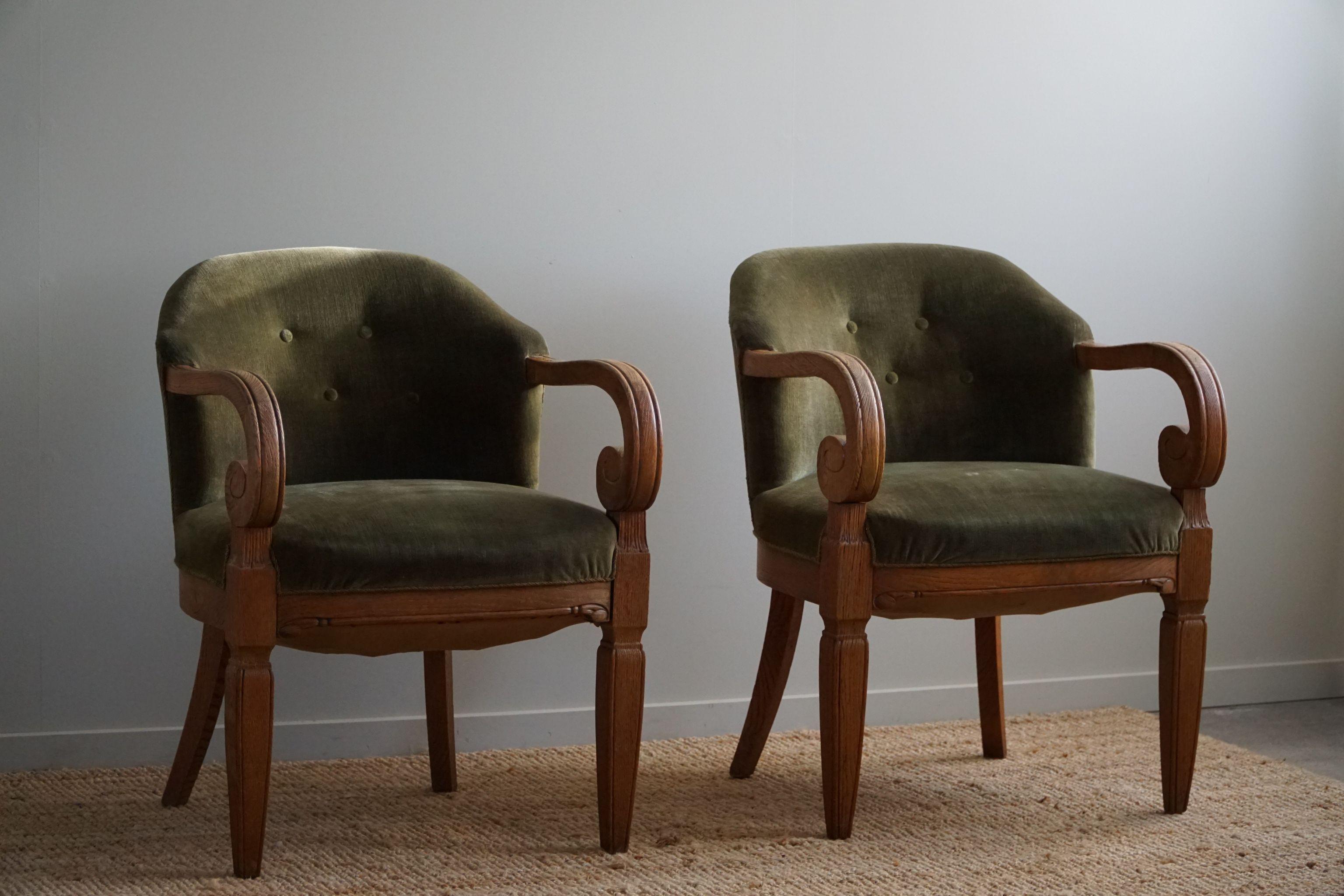 Hand-Crafted Pair of Armchairs in Oak & Green Velvet, Danish 