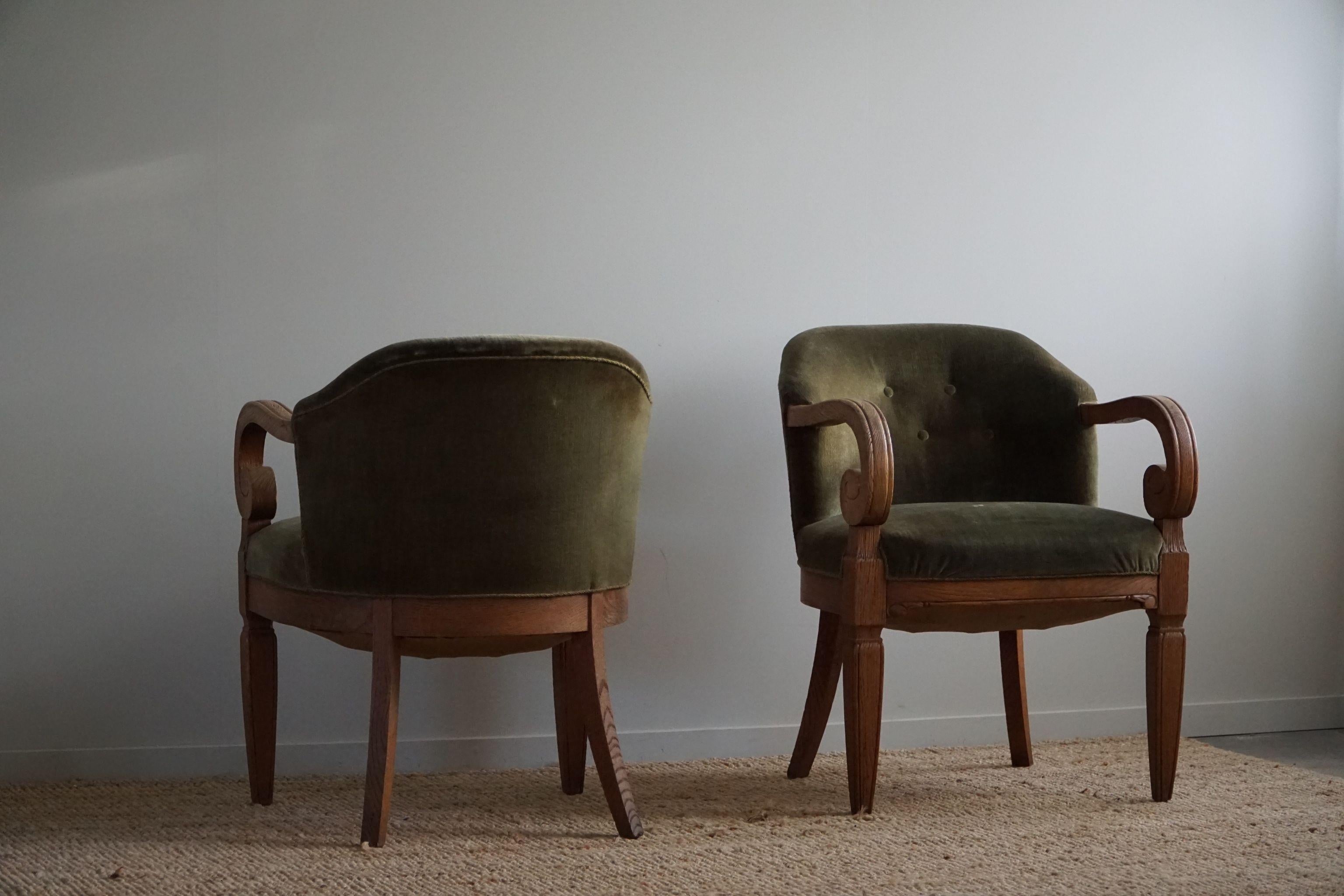 20th Century Pair of Armchairs in Oak & Green Velvet, Danish 