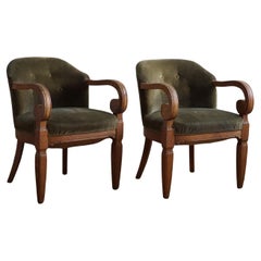 Pair of Armchairs in Oak & Green Velvet, Danish "Skønvirke" Style, 1920s