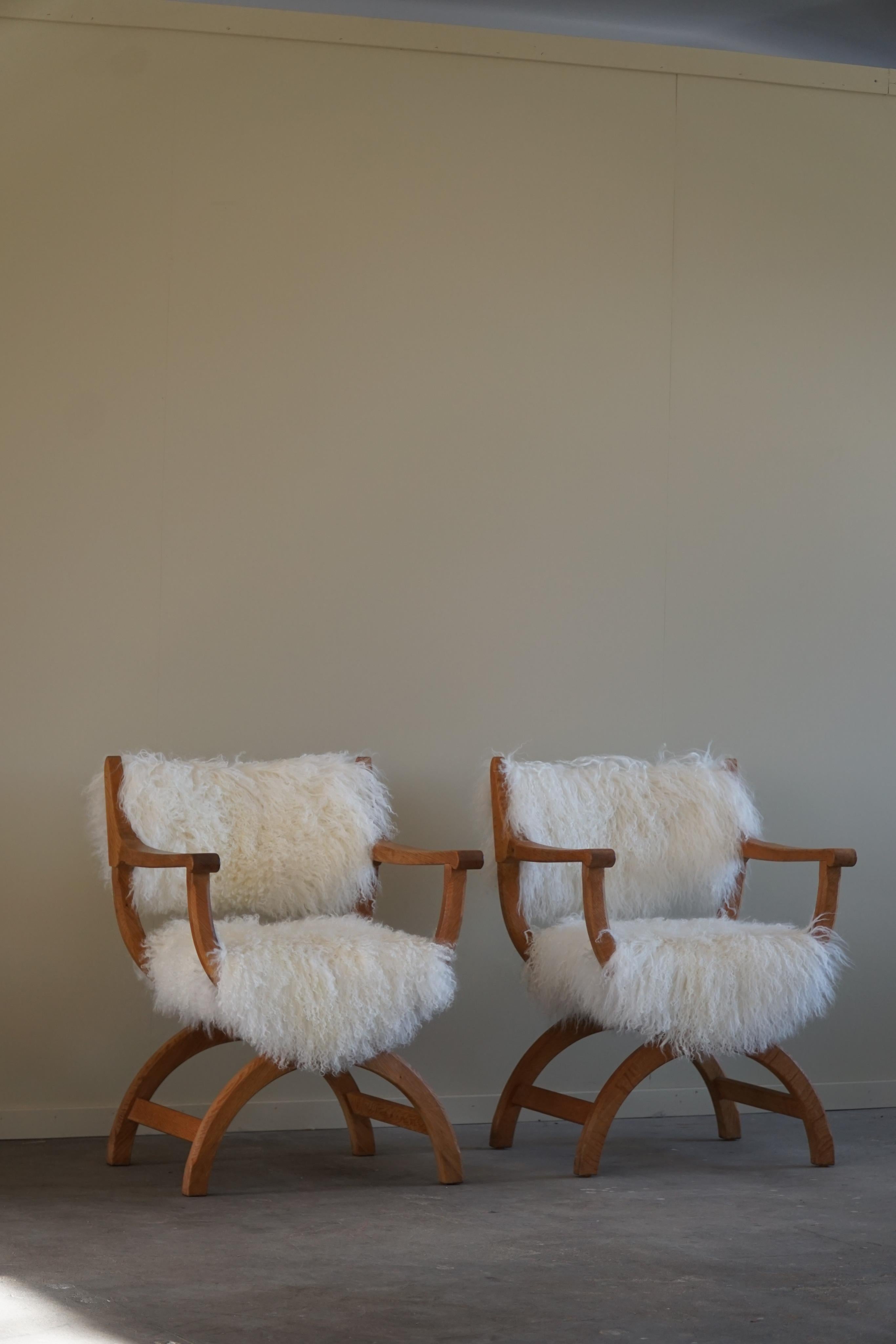 Danish Pair of Armchairs in Oak & Sheepskin, Model 