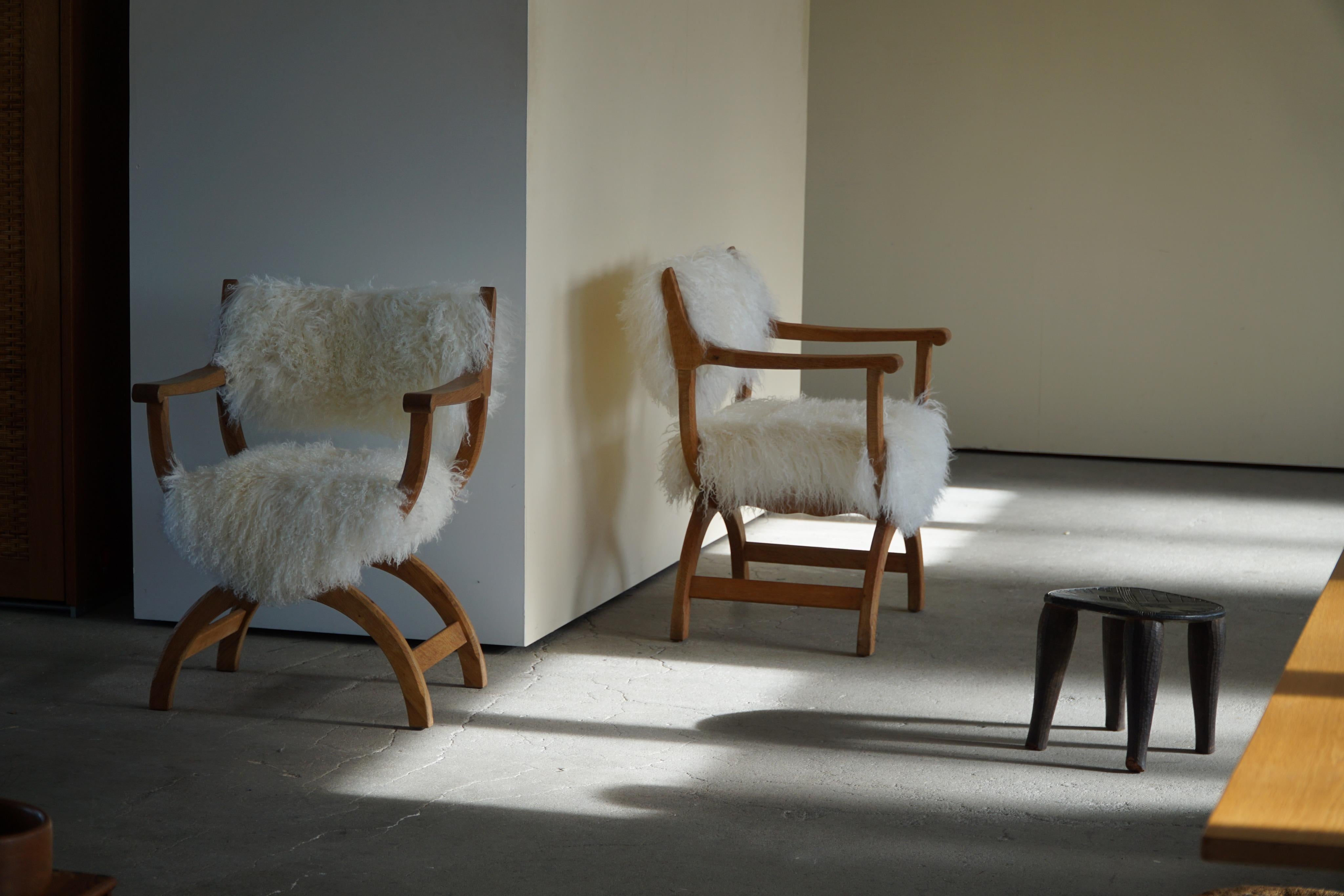 Lambskin Pair of Armchairs in Oak & Sheepskin, Model 