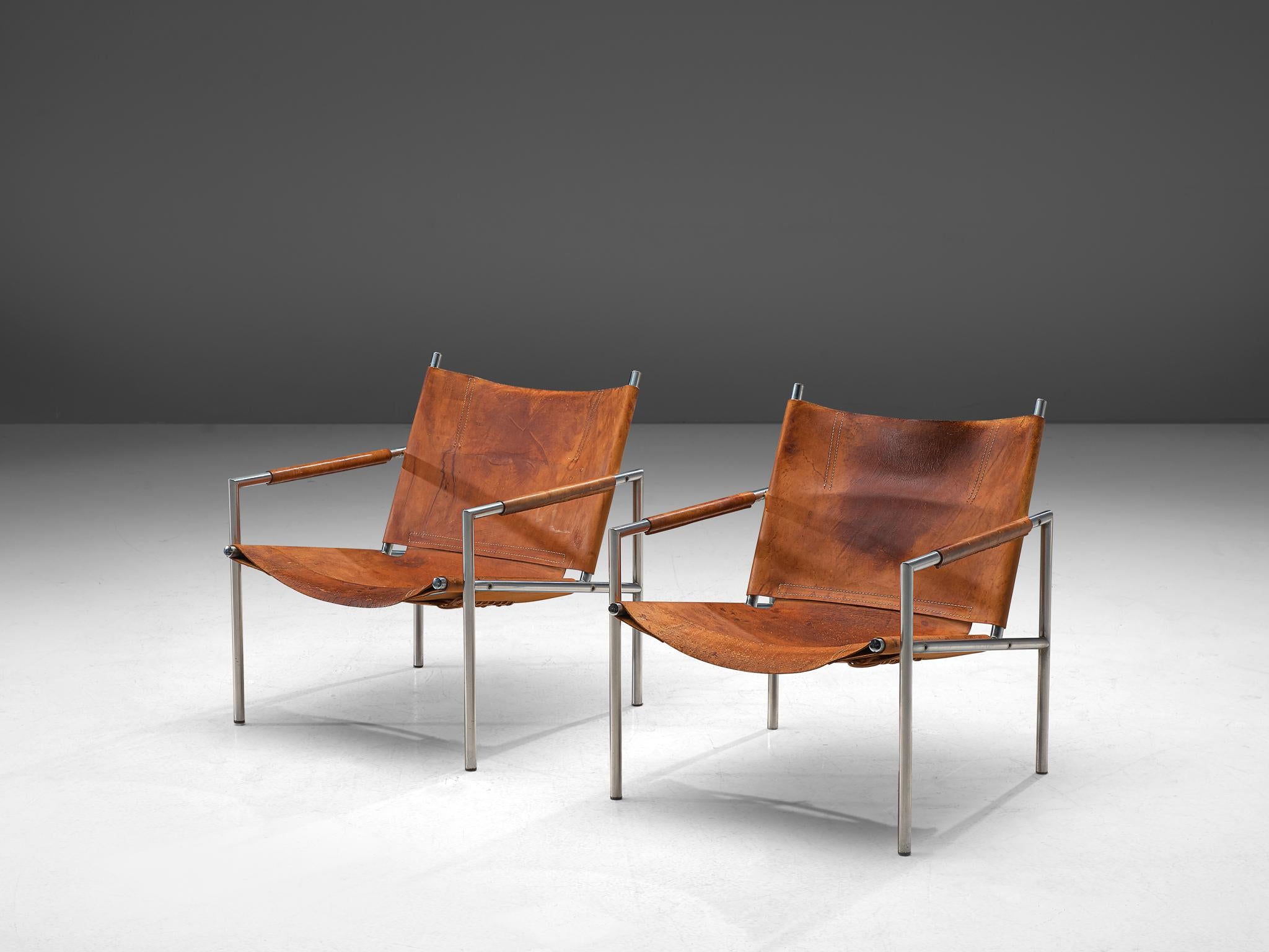 Mid-Century Modern Pair of Armchairs in Patinated Cognac Leather by Martin Visser
