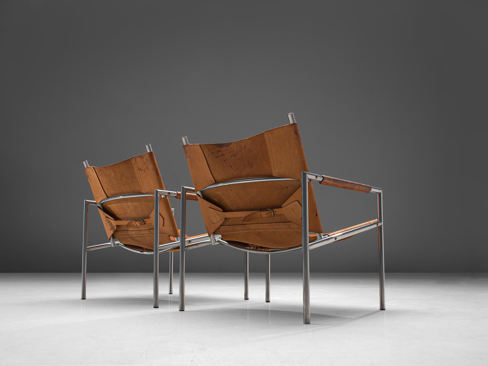 Dutch Pair of Armchairs in Patinated Cognac Leather by Martin Visser