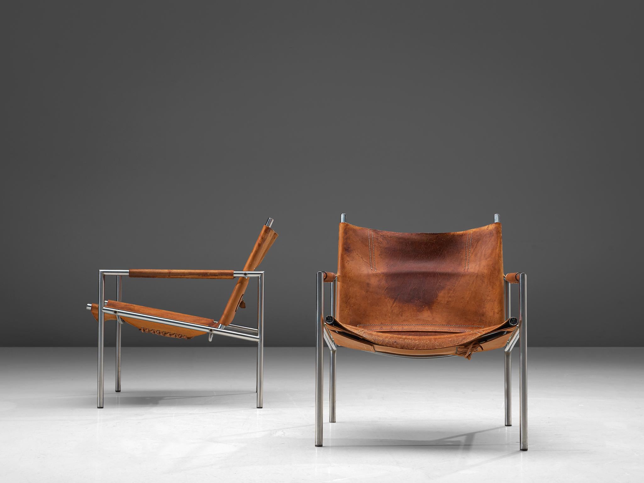 Mid-20th Century Pair of Armchairs in Patinated Cognac Leather by Martin Visser