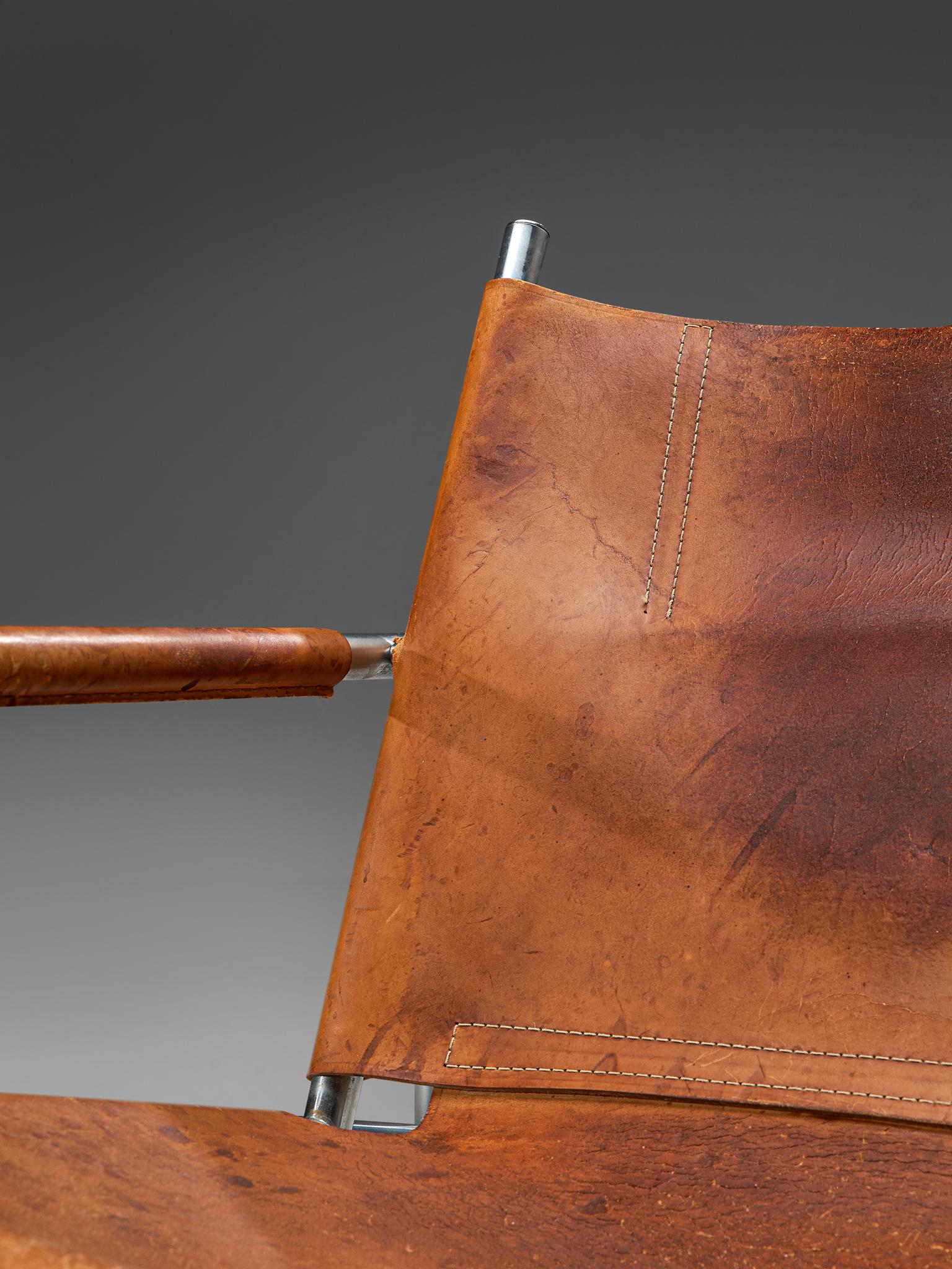 Metal Pair of Armchairs in Patinated Cognac Leather by Martin Visser