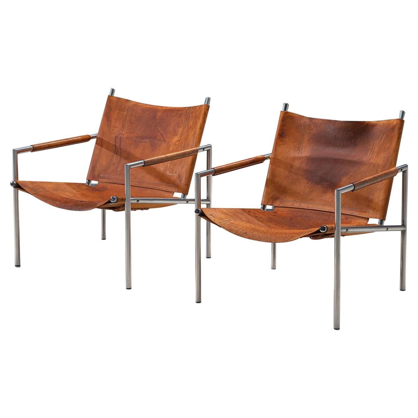 Pair of Armchairs in Patinated Cognac Leather by Martin Visser