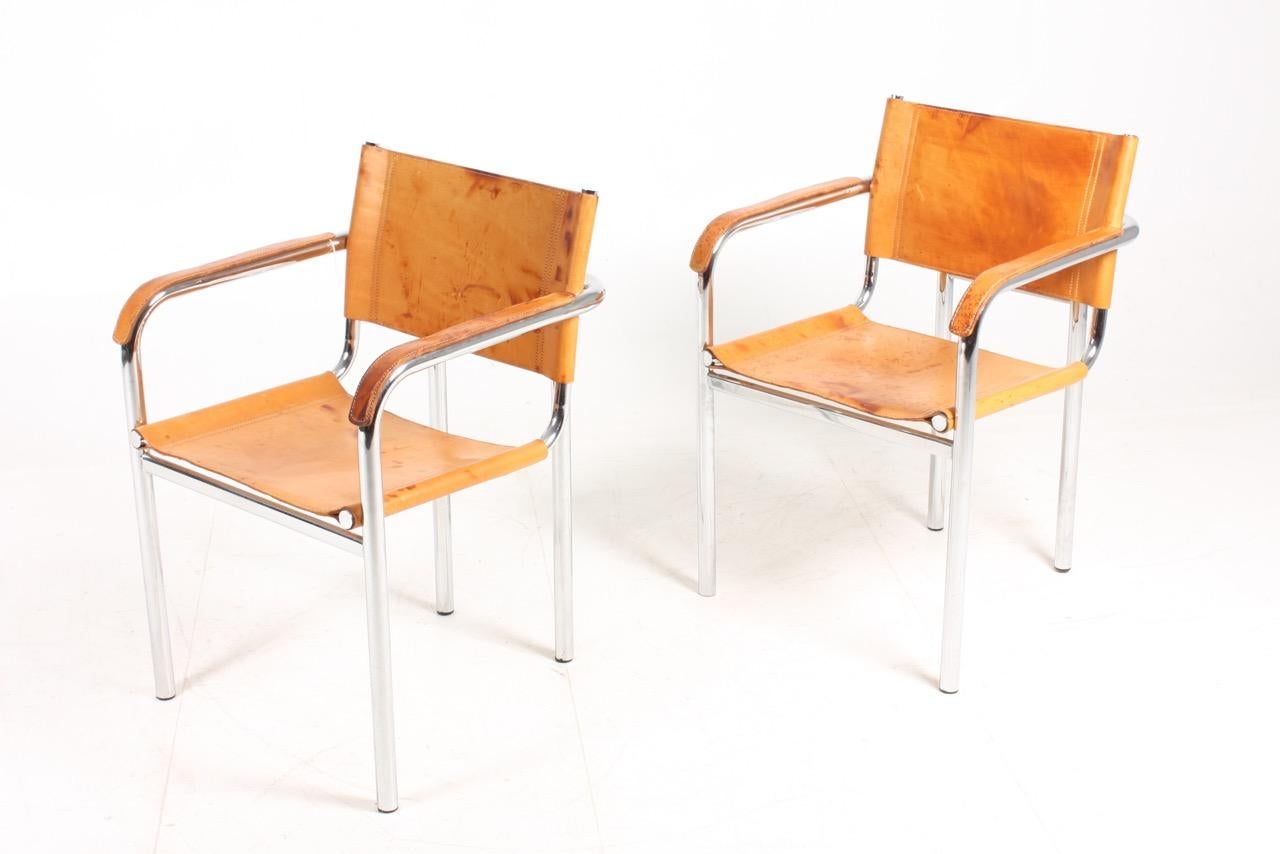 Scandinavian Modern Pair of Armchairs in Patinated Leather, 1980s