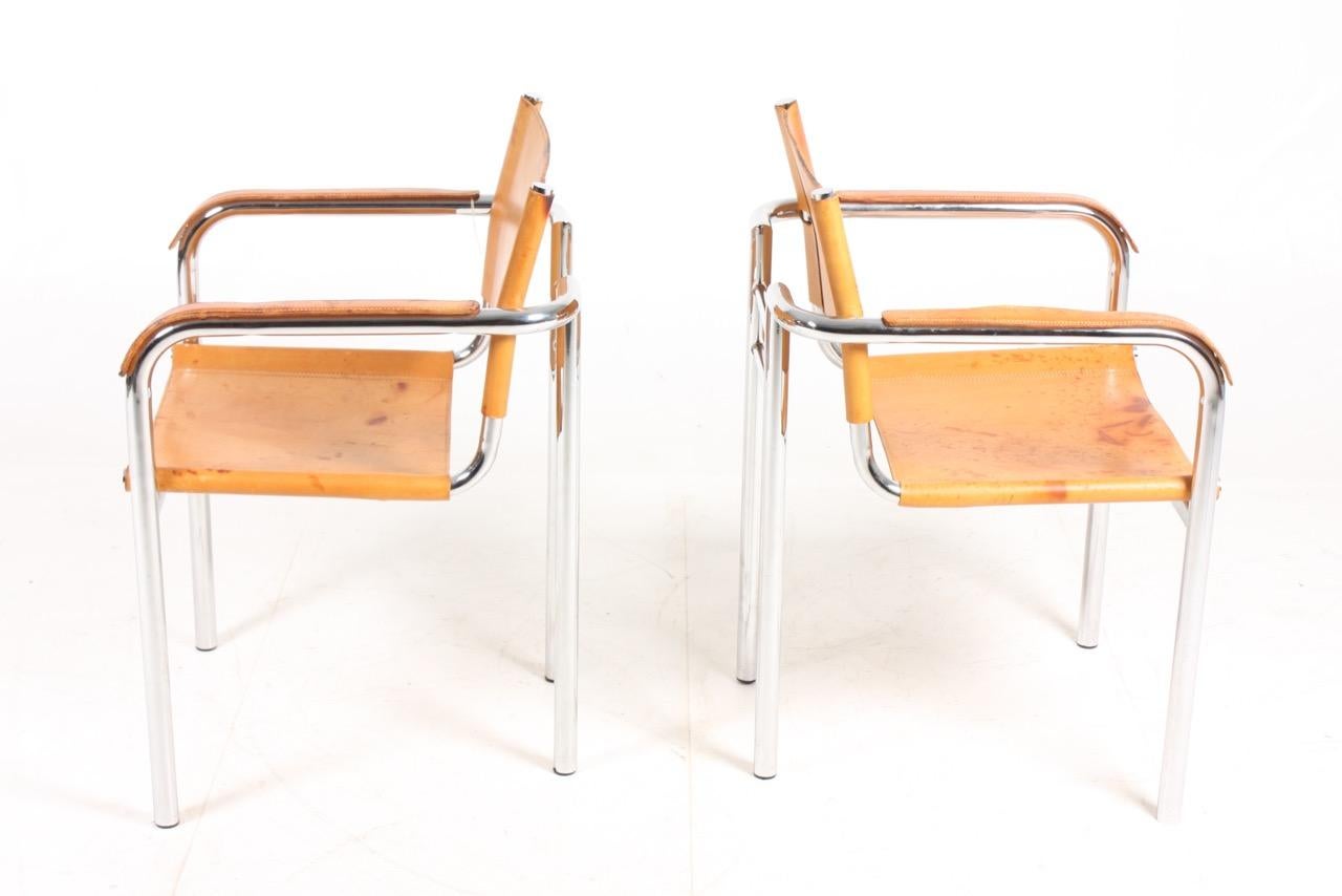 Italian Pair of Armchairs in Patinated Leather, 1980s