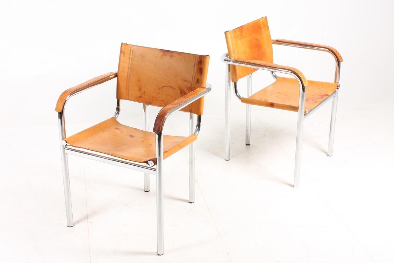 Pair of Armchairs in Patinated Leather, 1980s 3