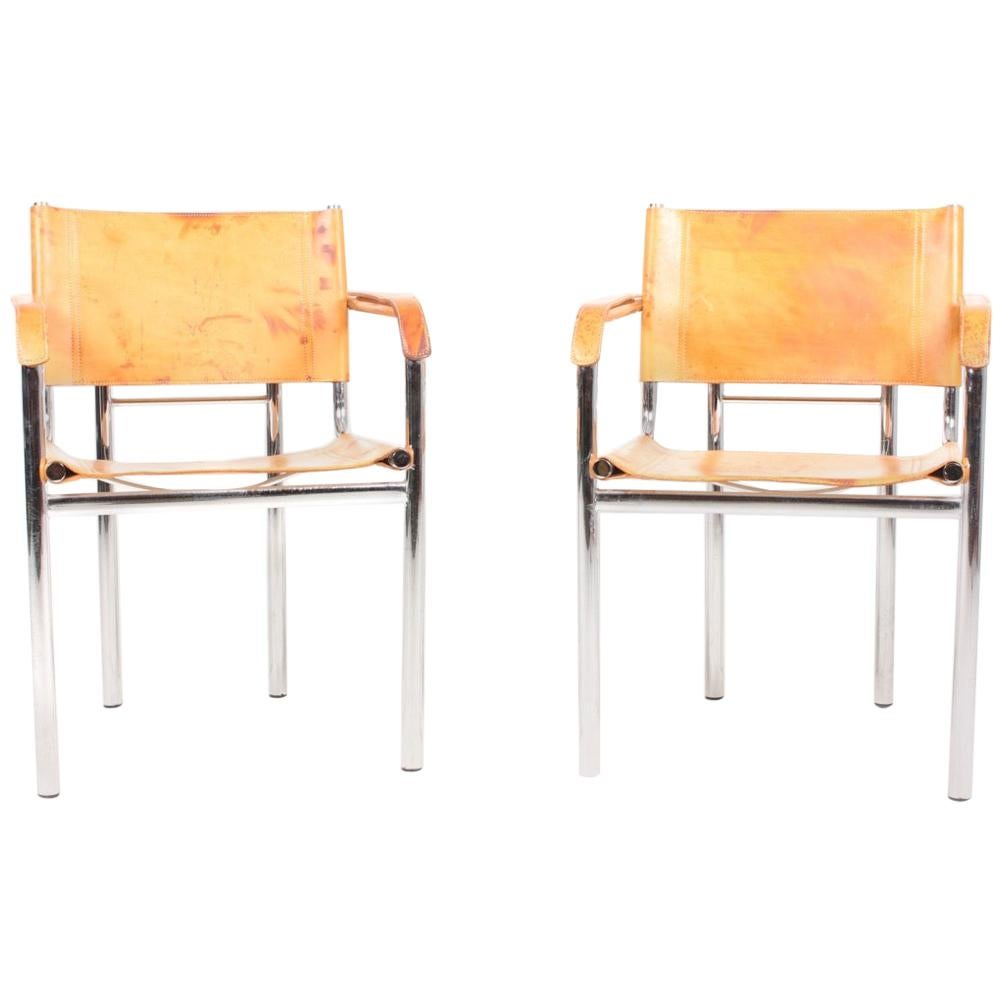 Pair of Armchairs in Patinated Leather, 1980s