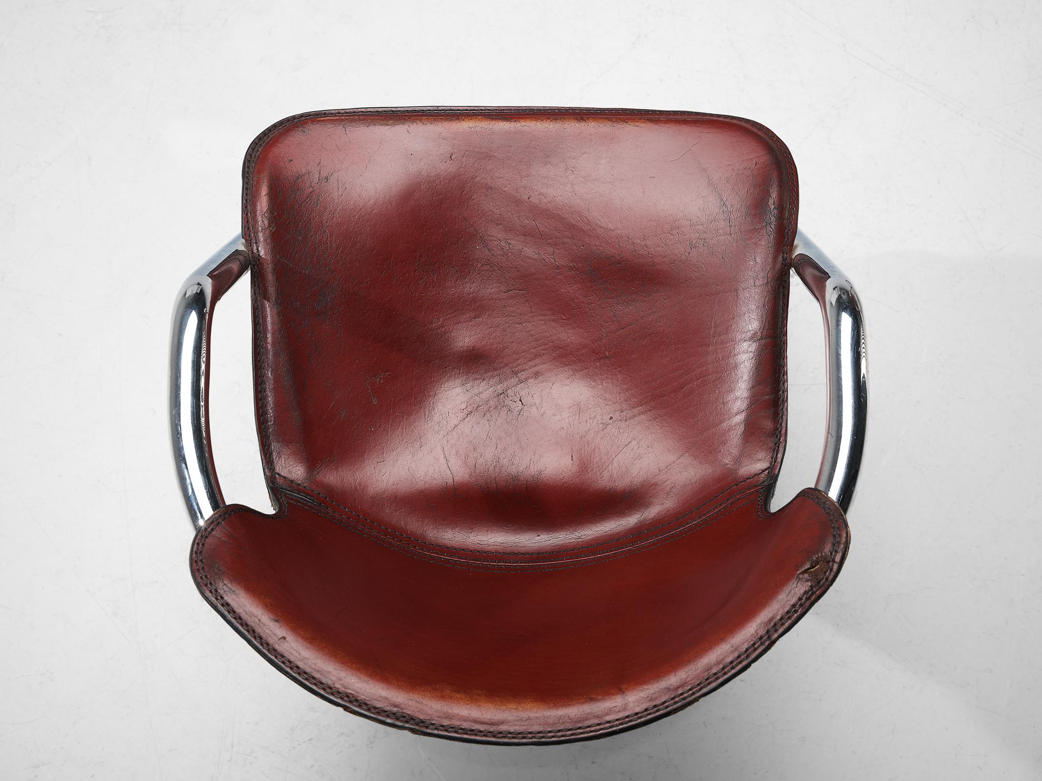 Italian Pair of Armchairs in Red Saddle Leather and Chromed Metal 2