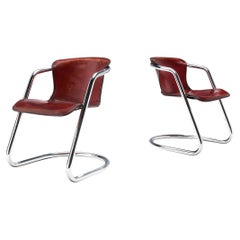 Italian Pair of Armchairs in Red Saddle Leather and Chromed Metal