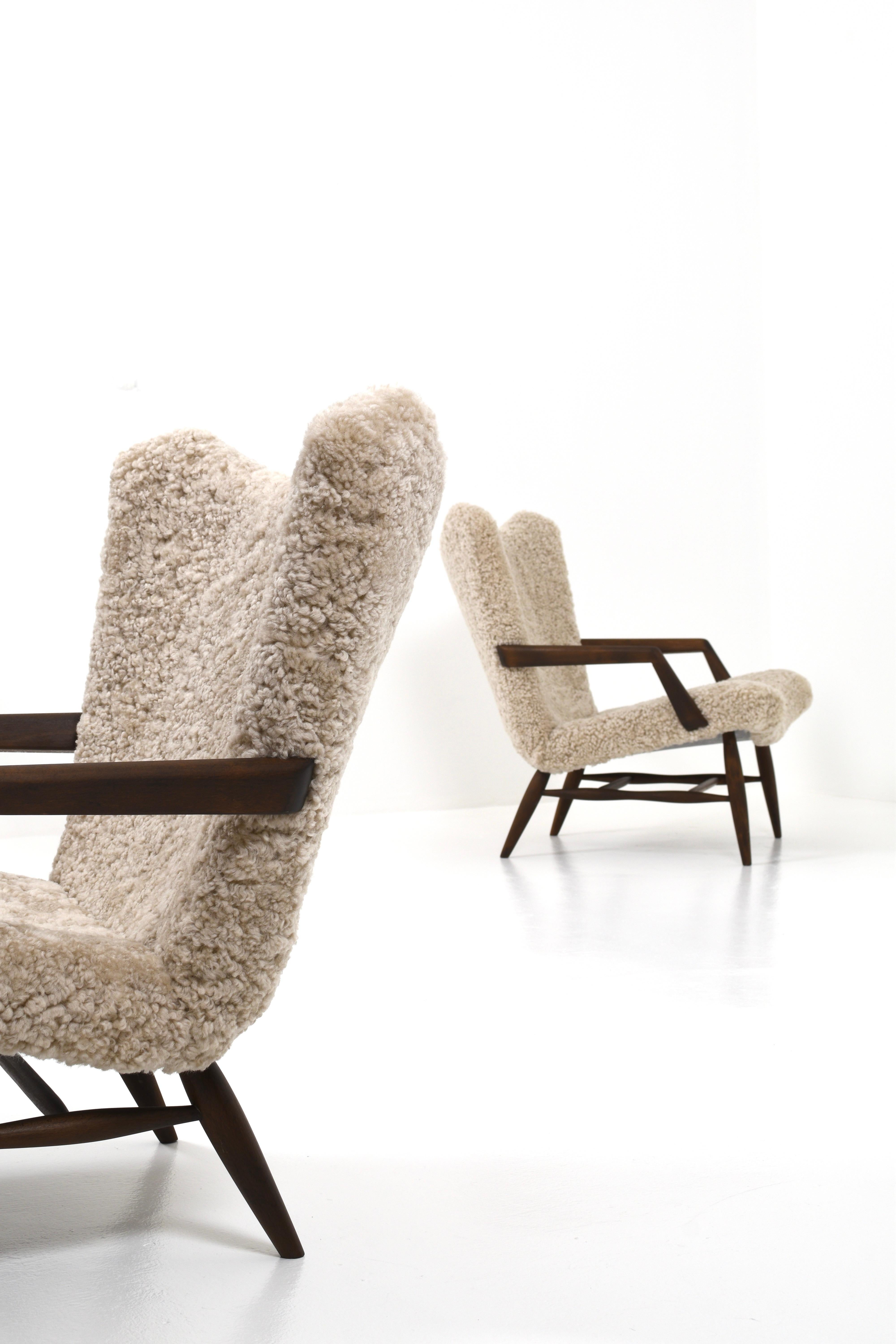 Pair of armchairs in Sheepskin by Svante Skogh, 1950s For Sale 1