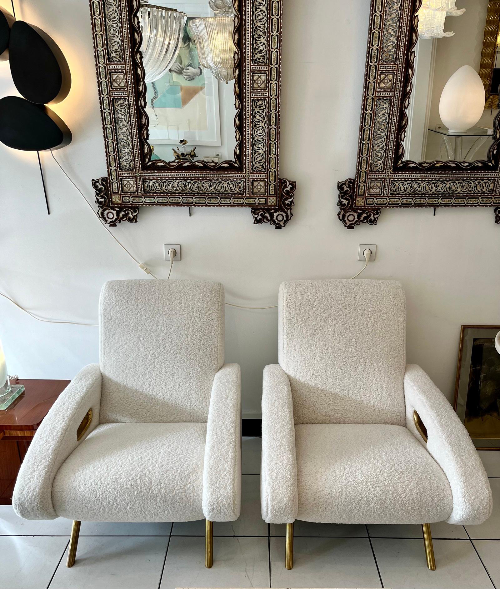 Pair of armchairs in fabric, brass feet ( rehupholstered in wool white/ivory fabric ).