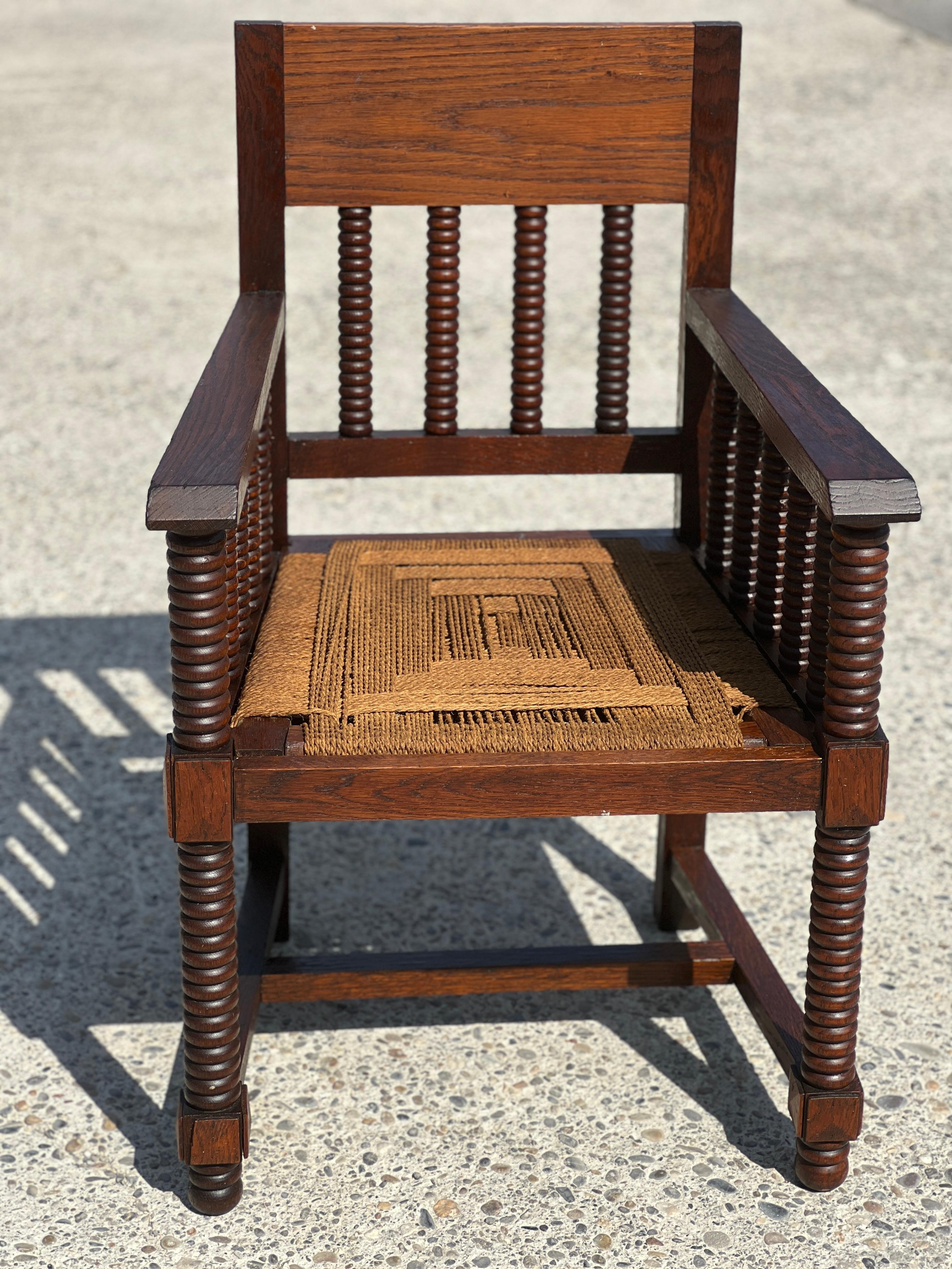 Mid-Century Modern Paire de fauteuils en bois tourné et corde attribuée à Victor Courtray 1940