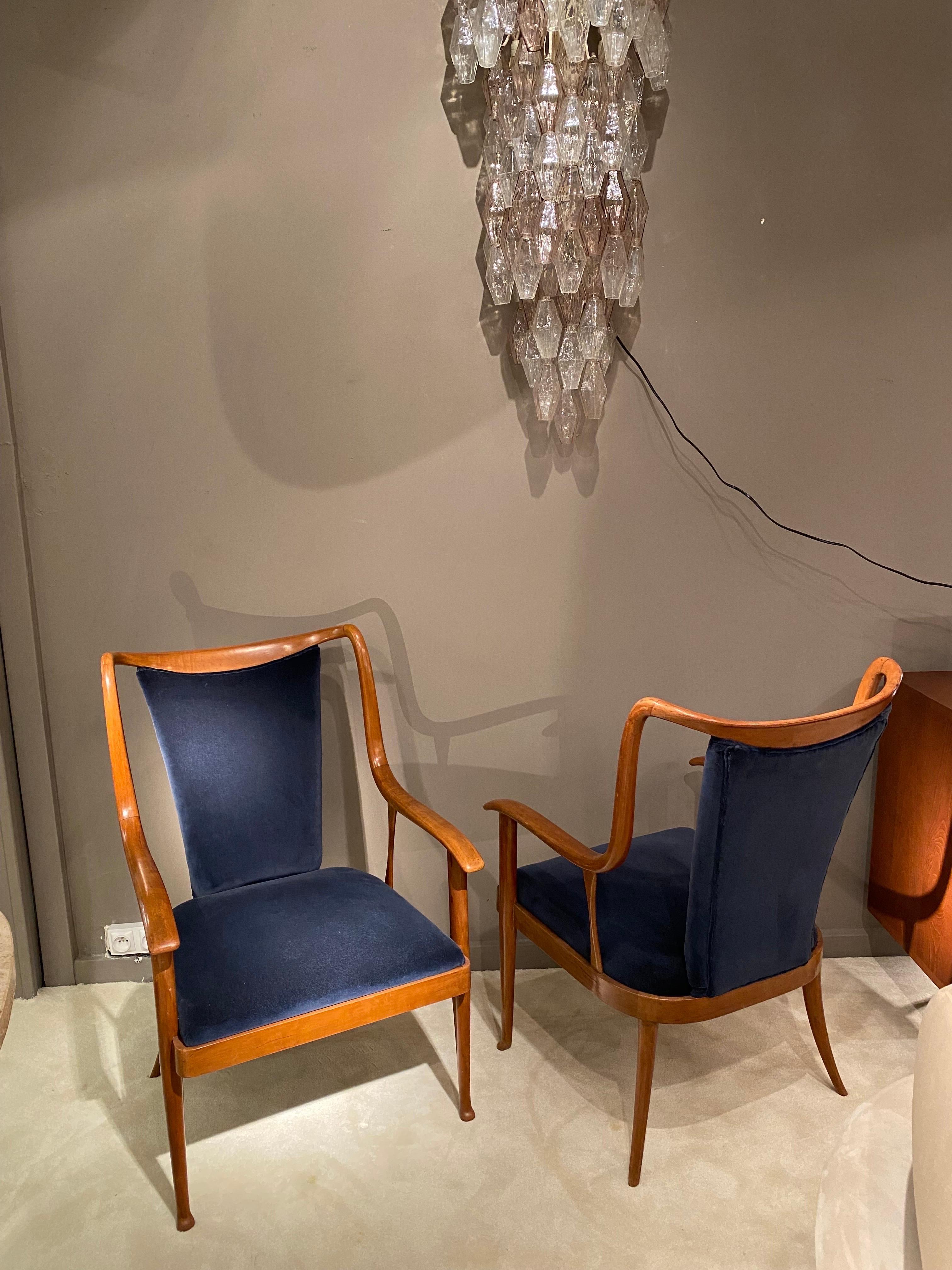 Italian Pair of Armchairs in Walnut and a Blue Velvet, by Paolo Buffa, Italy