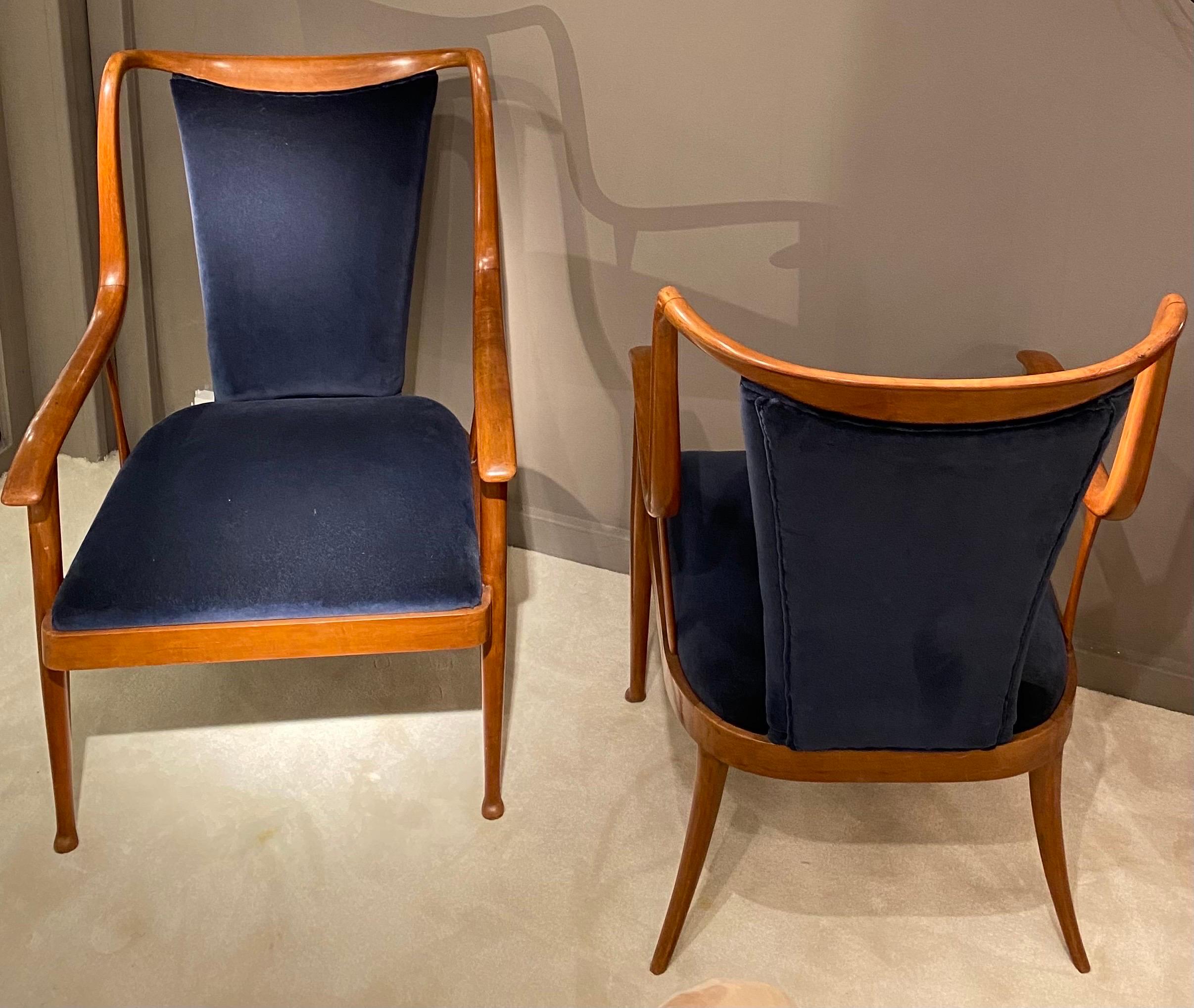 Pair of Armchairs in Walnut and a Blue Velvet, by Paolo Buffa, Italy 1